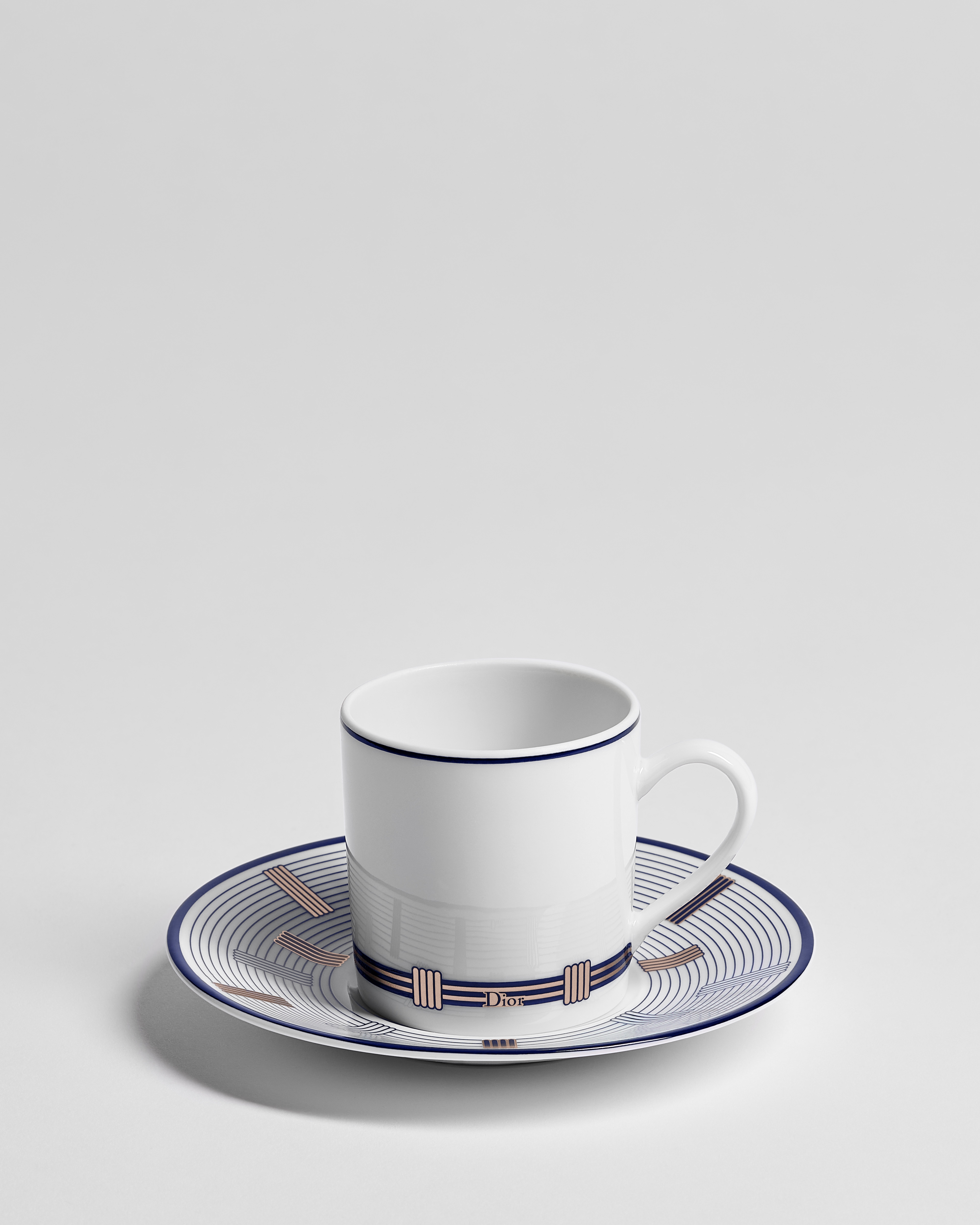 Taza de café y platillo Porcelana de Limoges blanca con motivo Godron azul E01