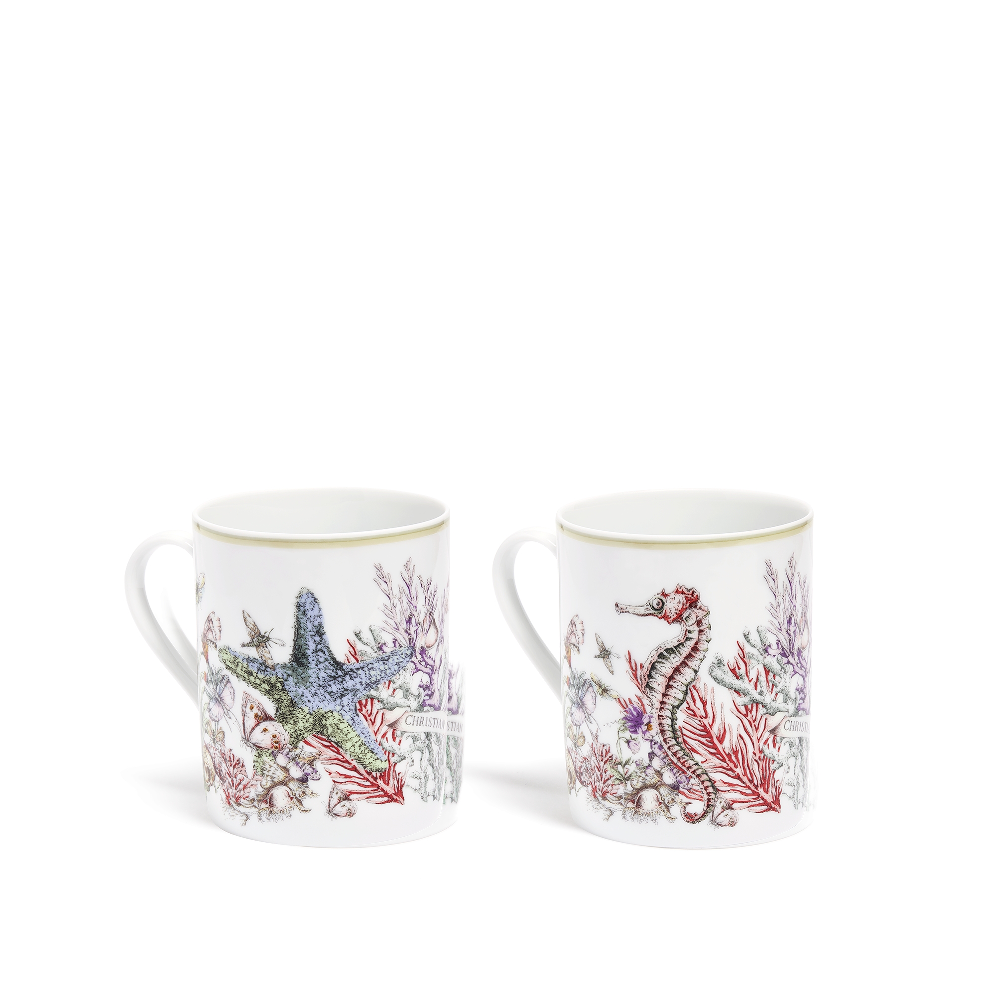 Set of Two Mugs White Limoges Porcelain with Multicolor Dior Cabinet de la Mer Motif E11