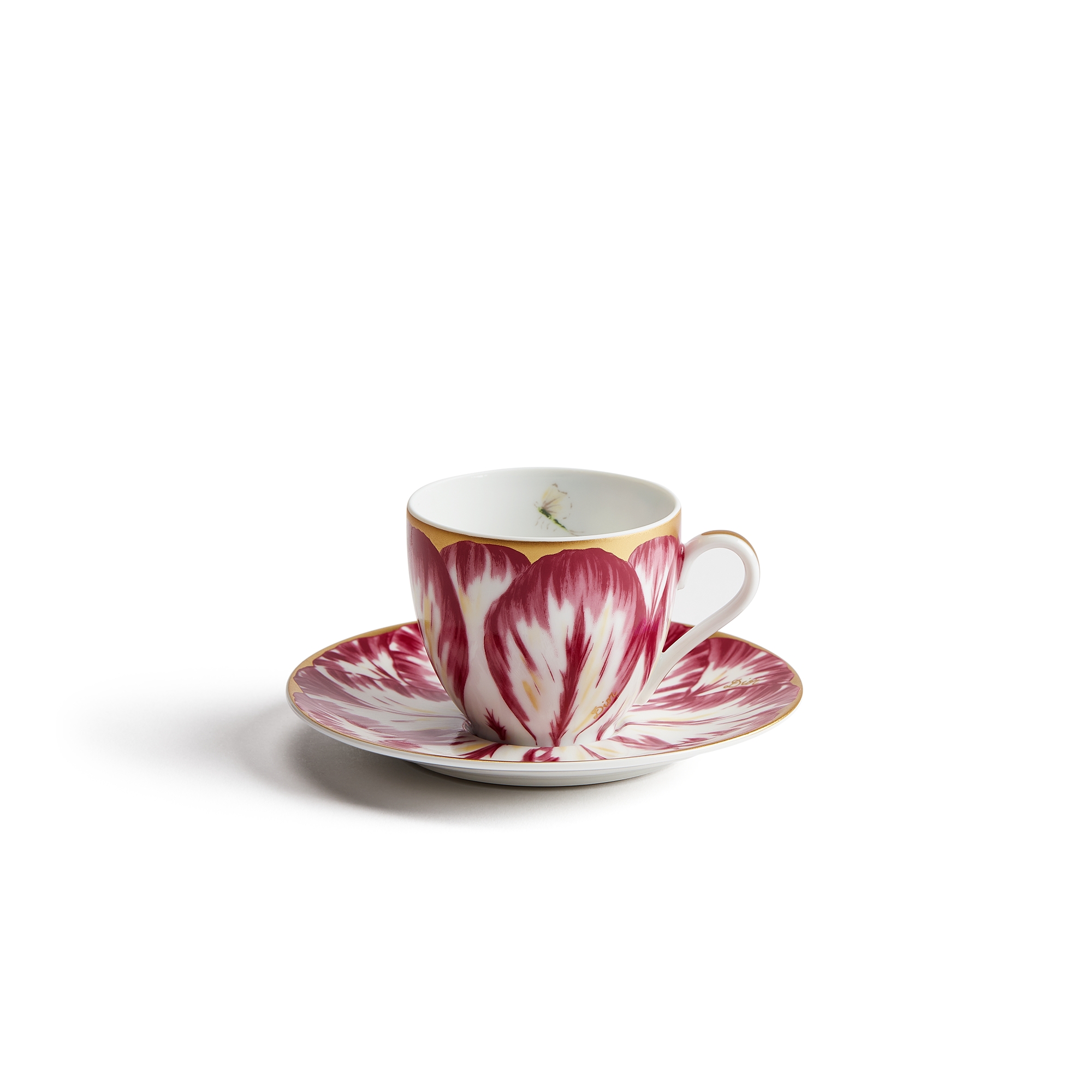 Coffee Cup and Saucer Limoges Porcelain with Pink and 24-Carat Gold Champs de Tulipes Motif, Alexia Lignon for Dior E01