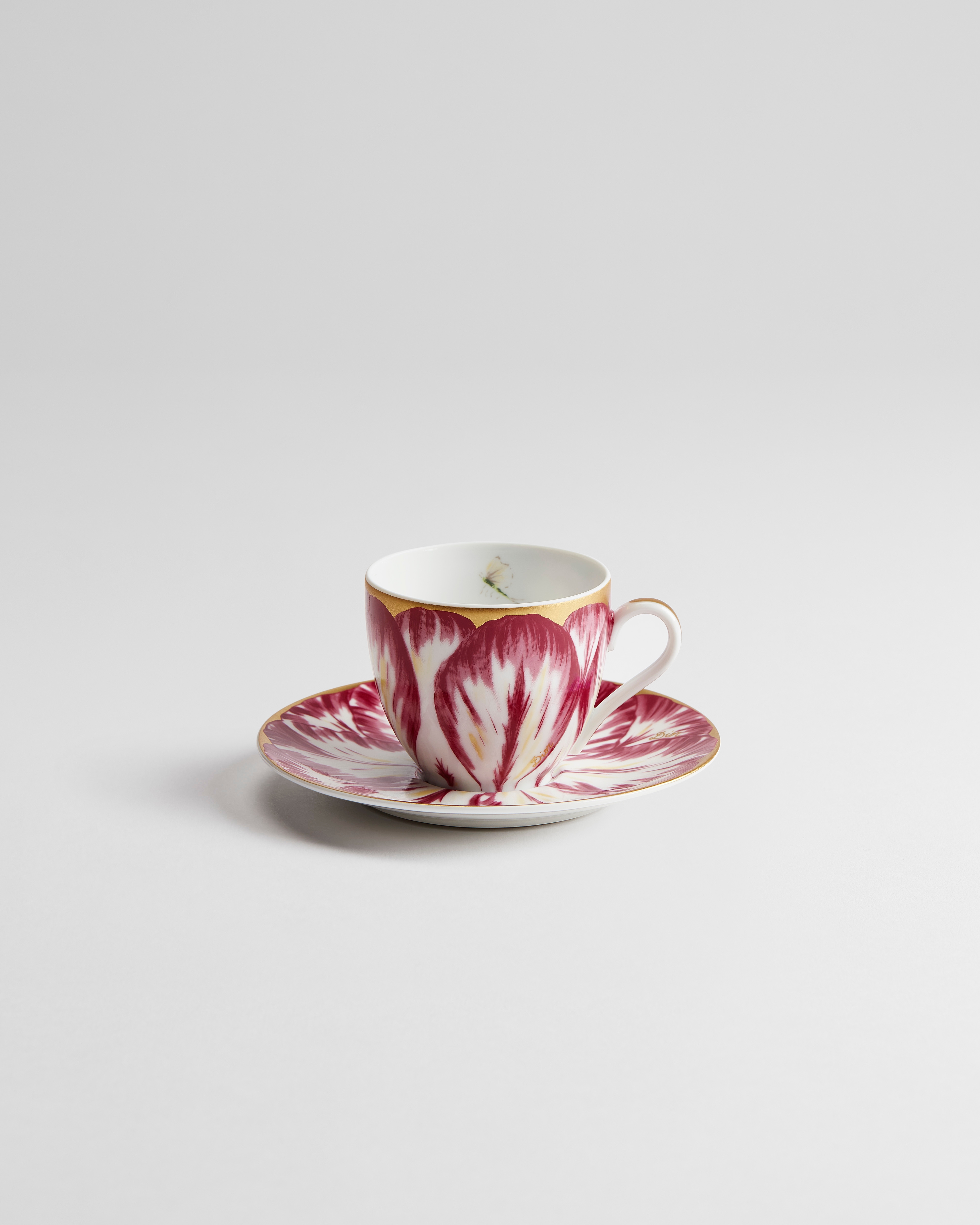 Coffee Cup and Saucer Limoges Porcelain with Pink and 24-Carat Gold Champs de Tulipes Motif, Alexia Lignon for Dior E01
