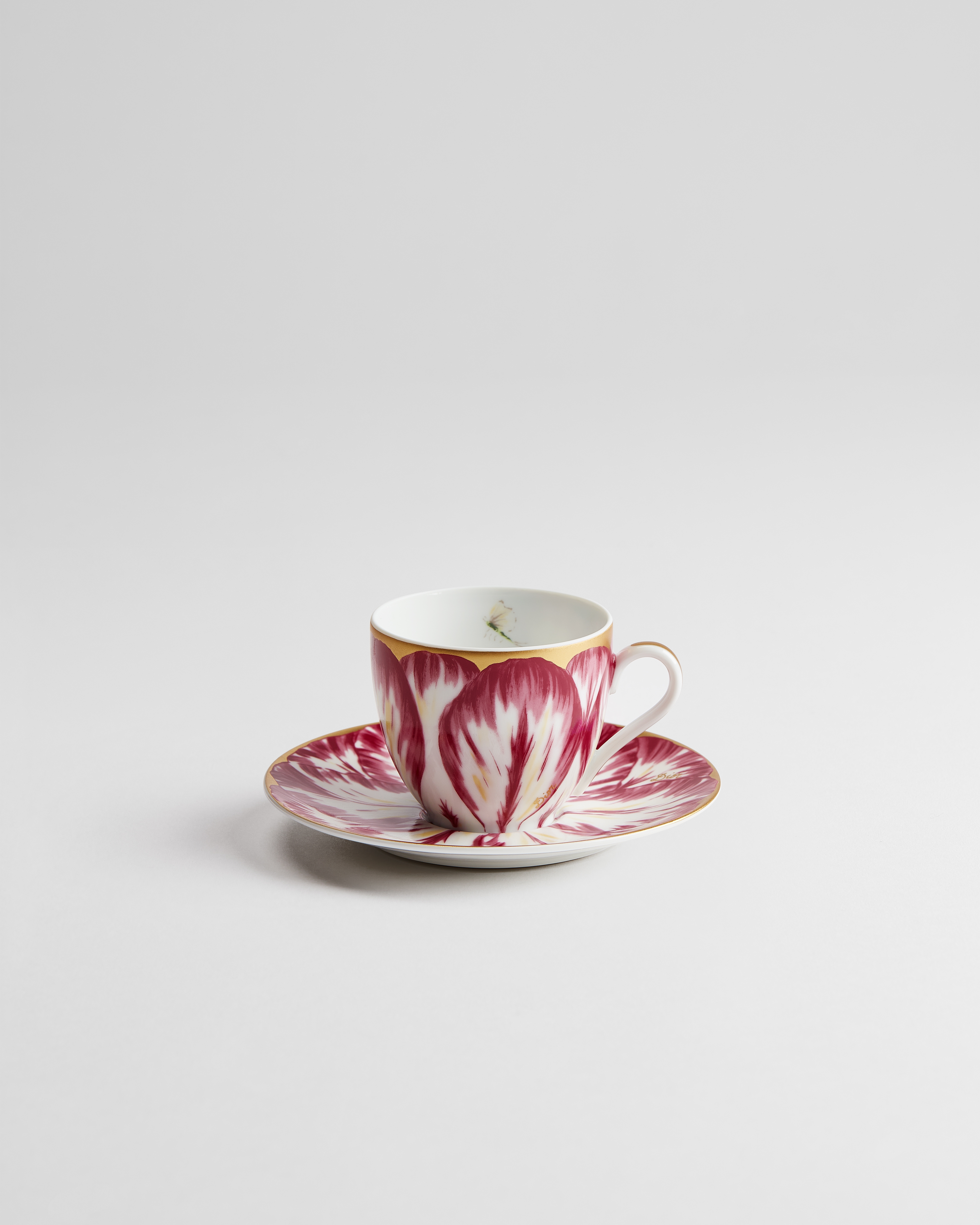 Tasse et sous-tasse à café Porcelaine de Limoges à motif Champs de Tulipes rose et or 24 carats E01