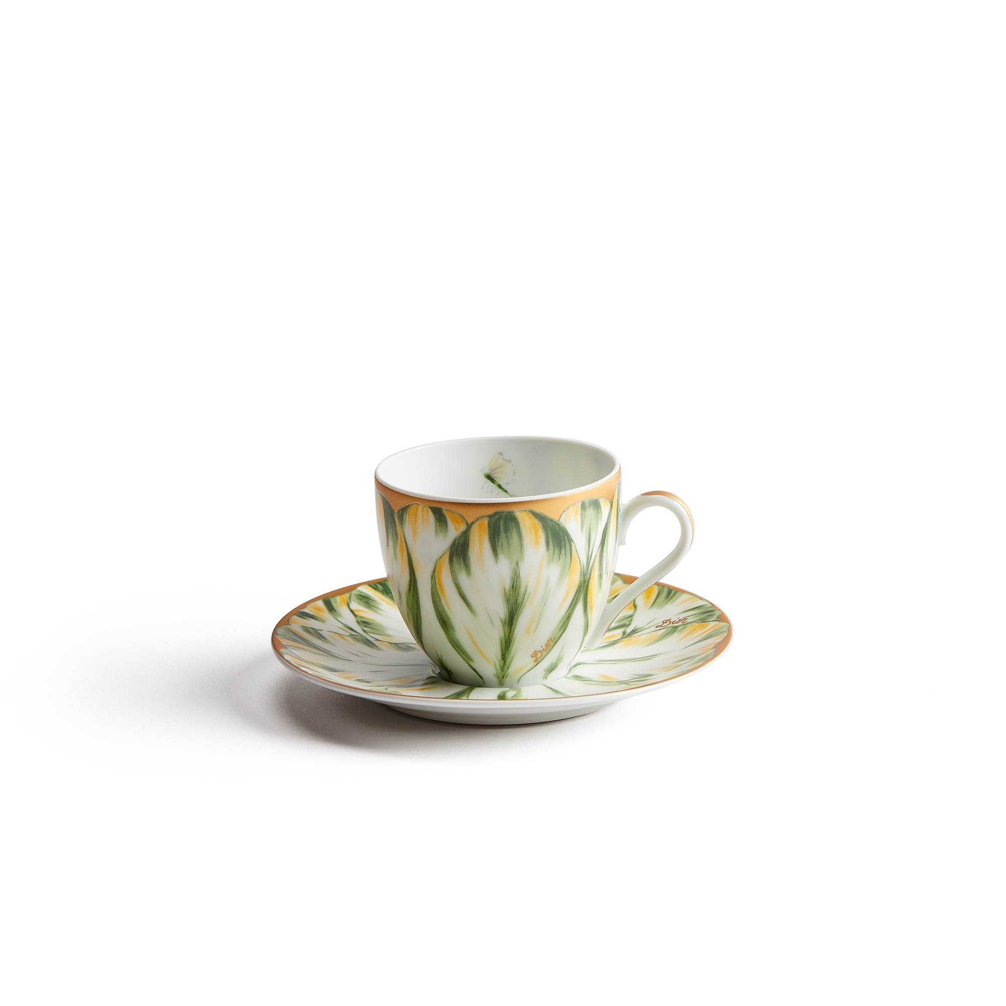 Coffee Cup and Saucer Limoges Porcelain with Green and 24-Carat Gold Champs de Tulipes Motif, Alexia Lignon for Dior E01