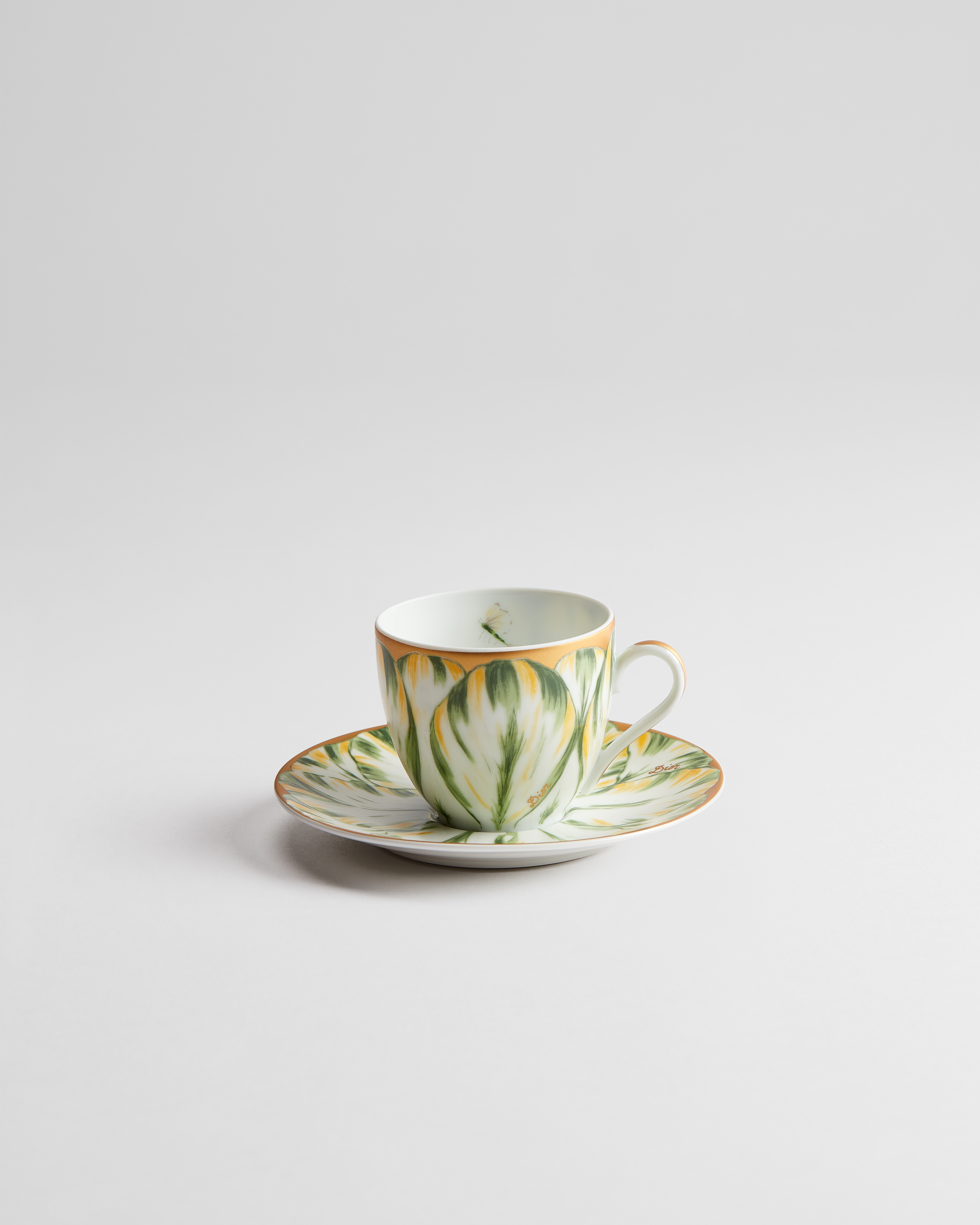 Coffee Cup and Saucer Limoges Porcelain with Green and 24-Carat Gold Champs de Tulipes Motif, Alexia Lignon for Dior E01