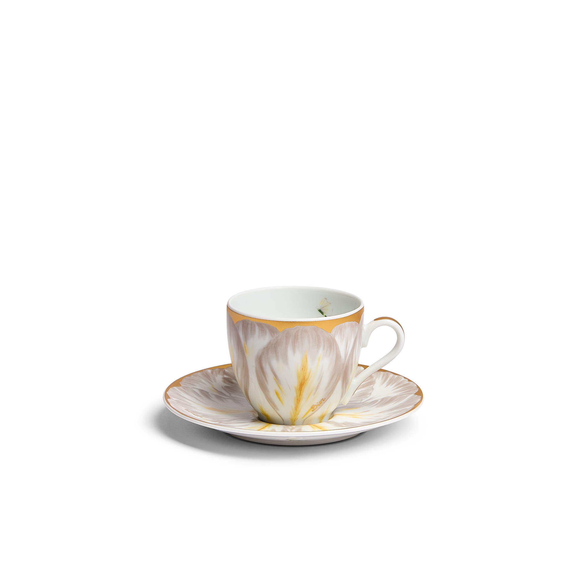 Tasse et sous-tasse à café Porcelaine de Limoges à motif Champs de Tulipes gris et or 24 carats, Alexia Lignon pour Dior E01