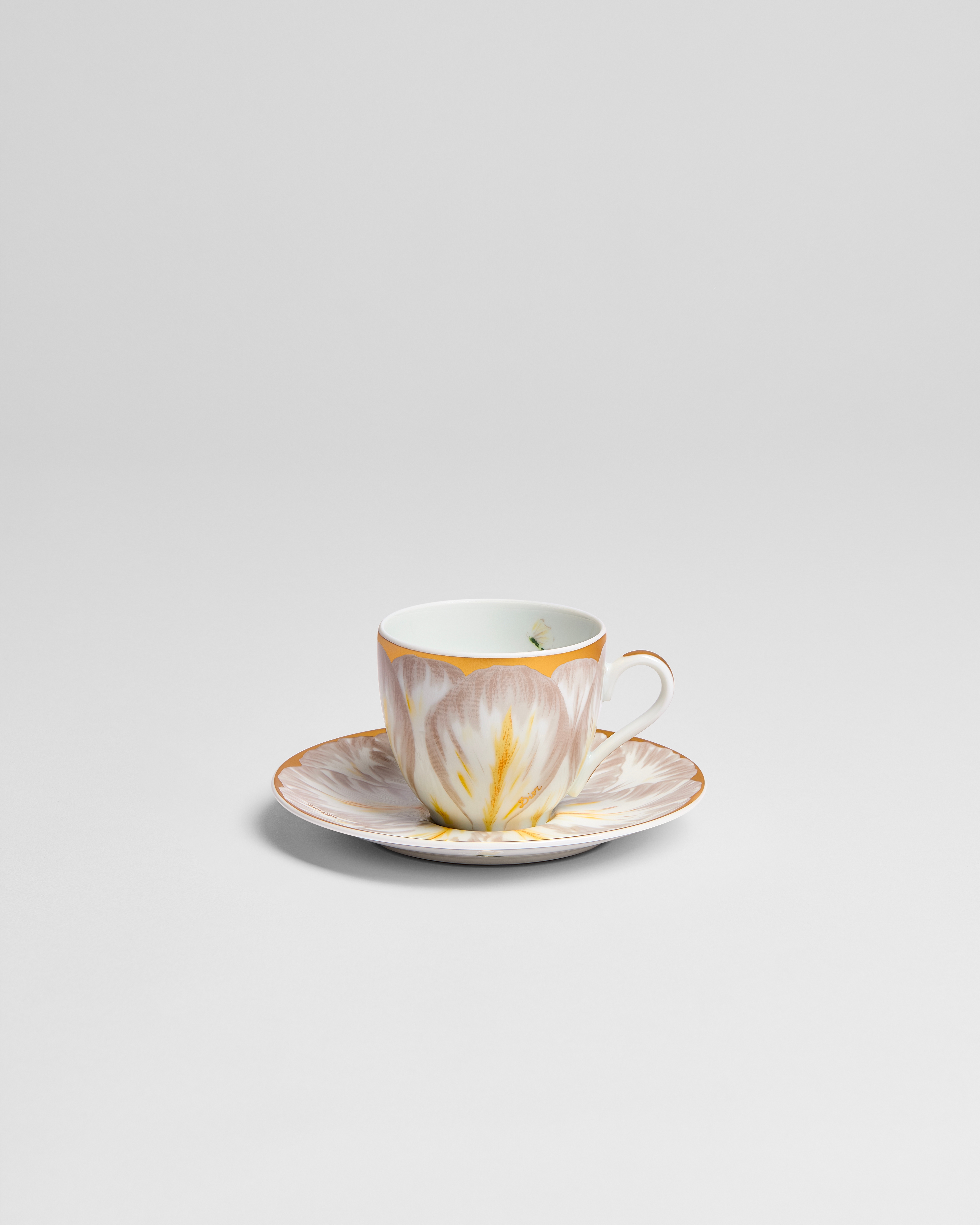 Coffee Cup and Saucer Limoges Porcelain with Gray and 24-Carat Gold Champs de Tulipes Motif, Alexia Lignon for Dior E01