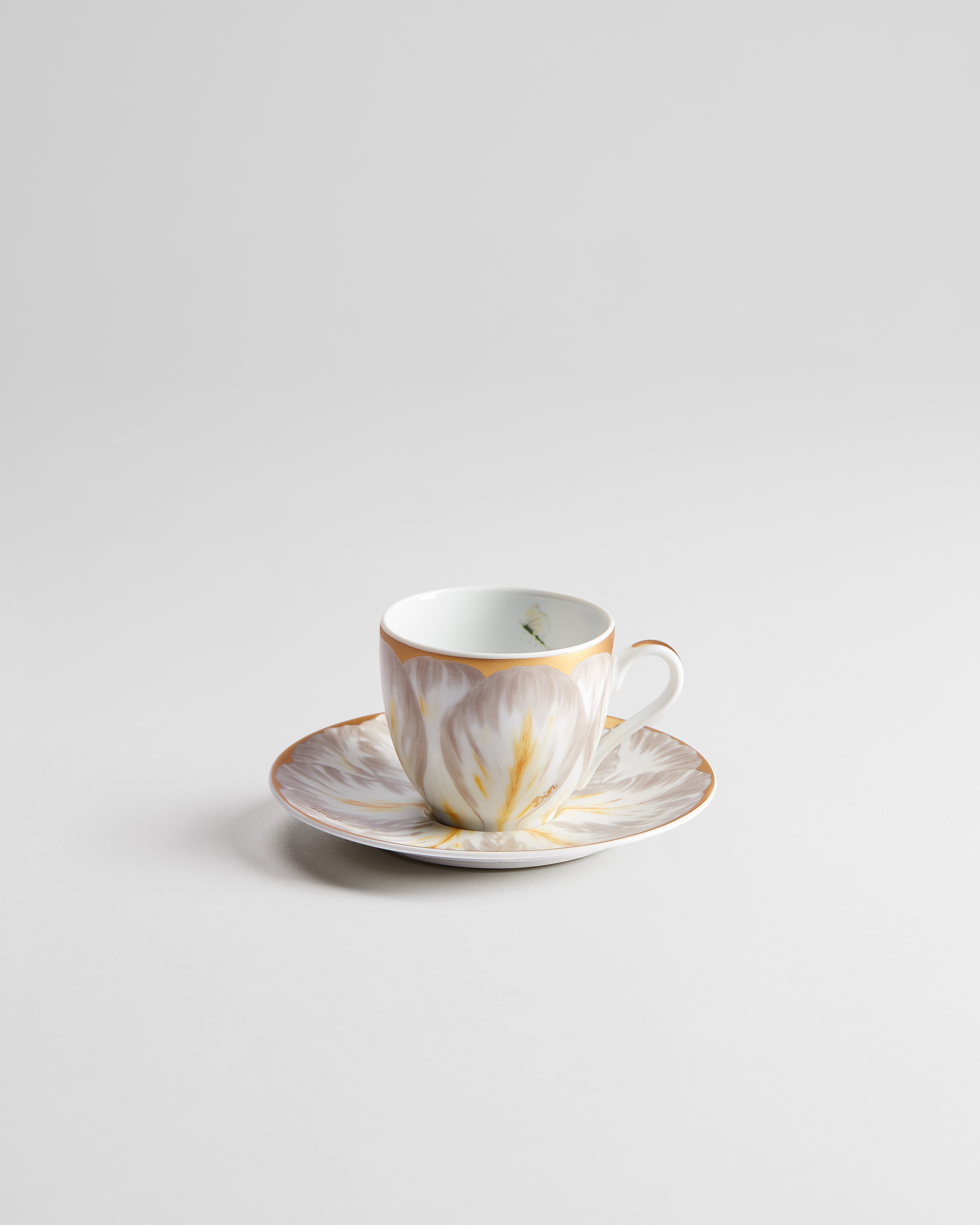 Coffee Cup and Saucer Limoges Porcelain with Gray and 24-Carat Gold Champs de Tulipes Motif E01
