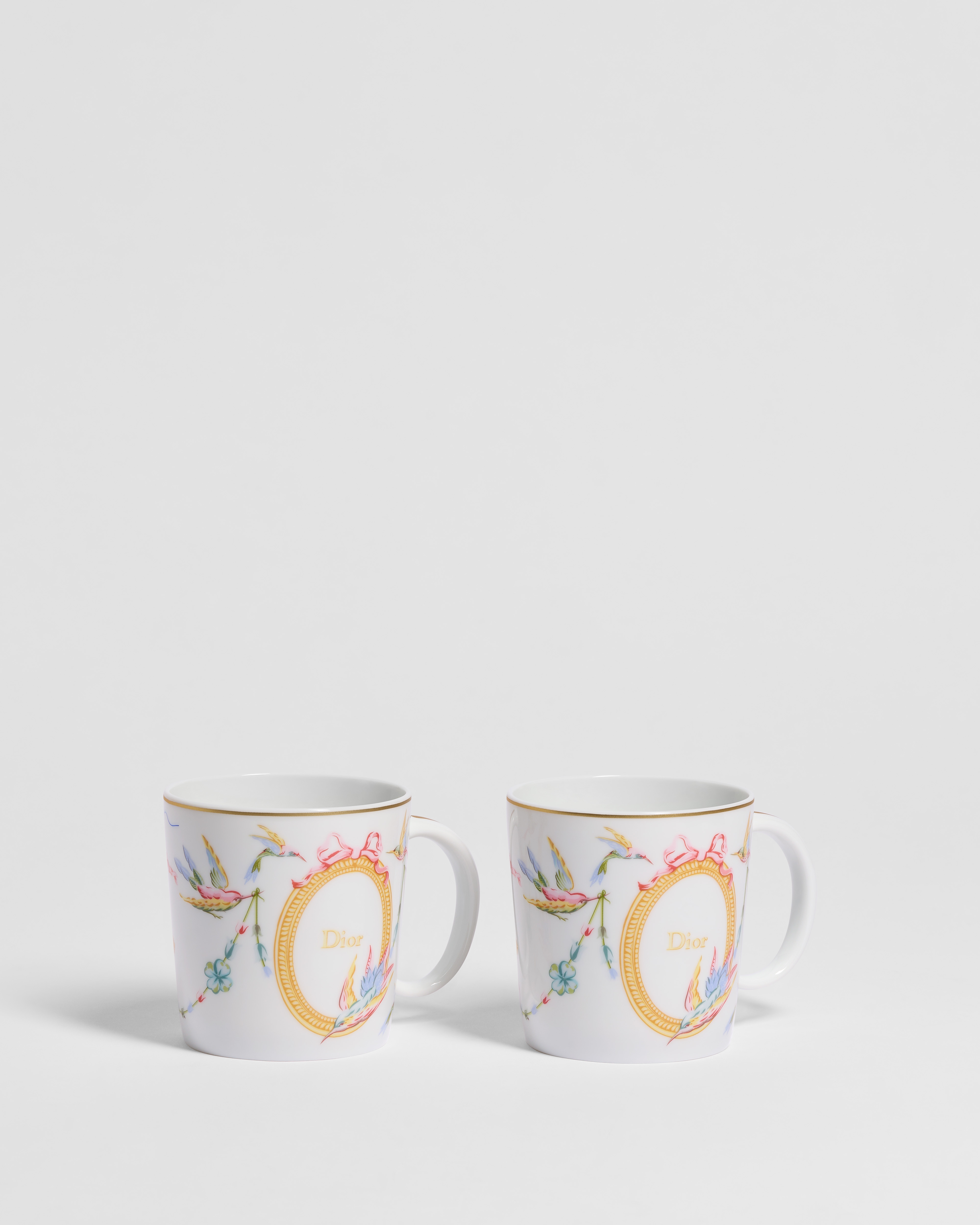 Set of Two Mugs White Limoges Porcelain with Multicolor Dior Colibri Motif E01