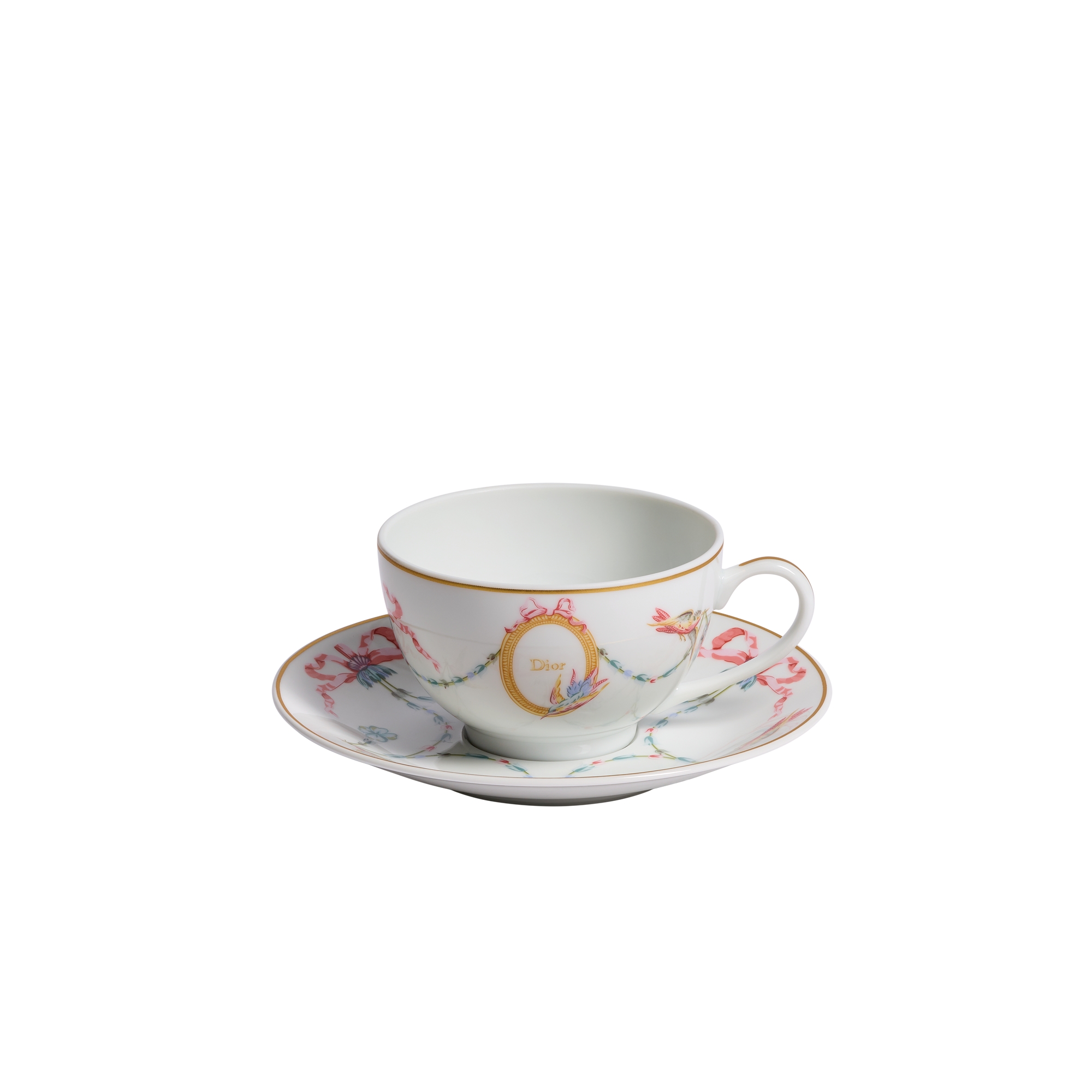 Teacup and Saucer White Limoges Porcelain with Multicolor Dior