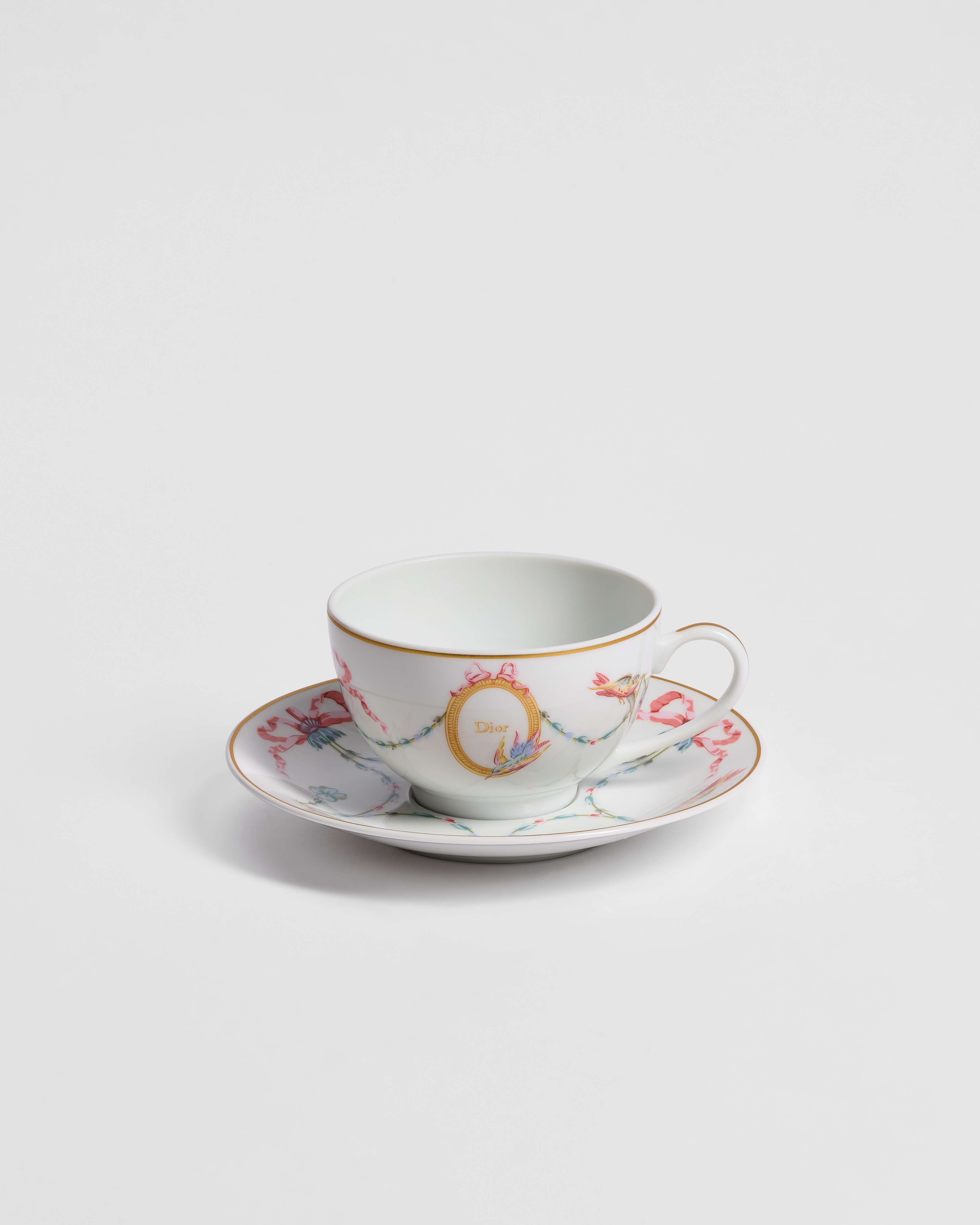 Teacup and Saucer White Limoges Porcelain with Multicolor Dior Colibri Motif E01