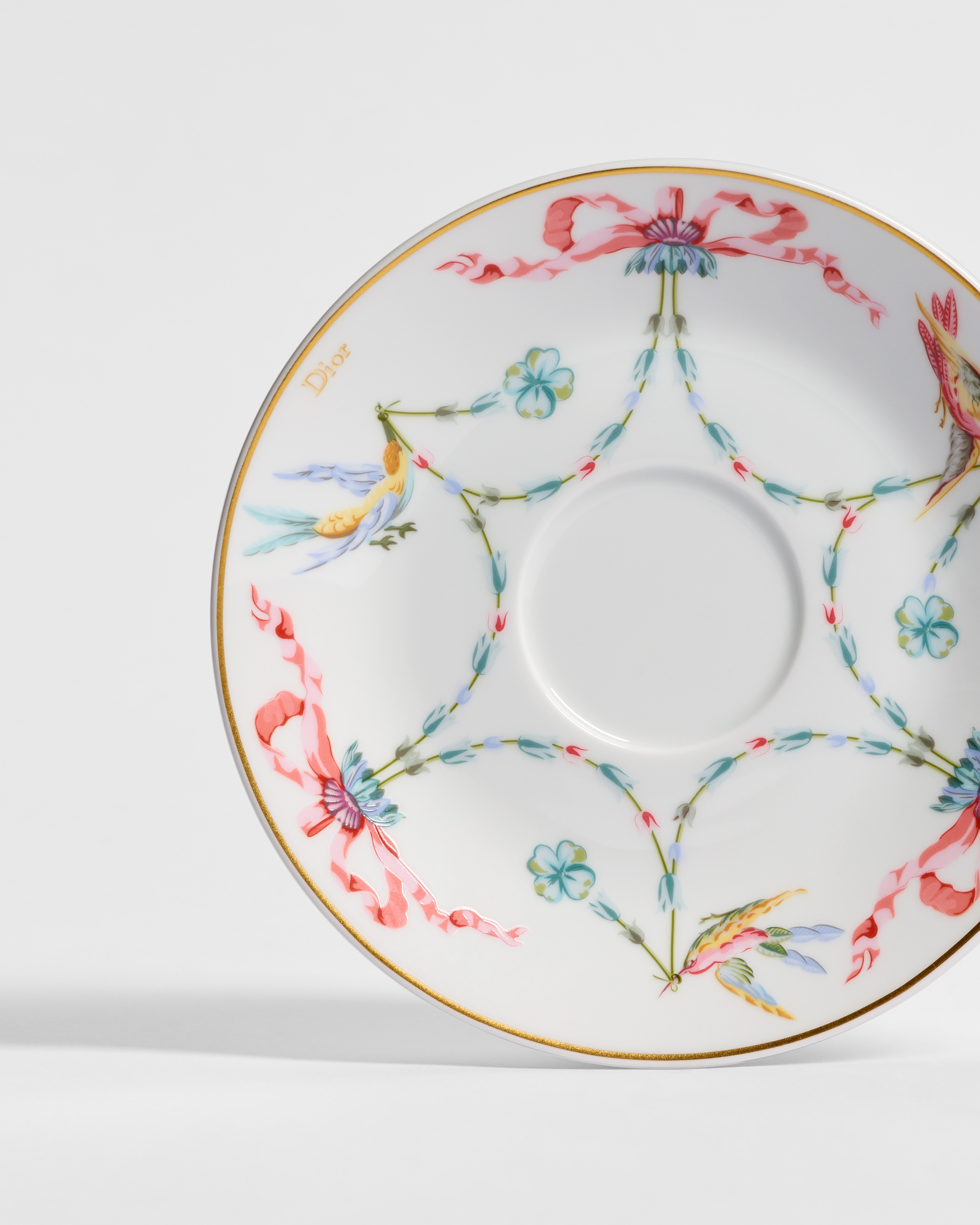 Teacup and Saucer White Limoges Porcelain with Multicolor Dior Colibri Motif E10