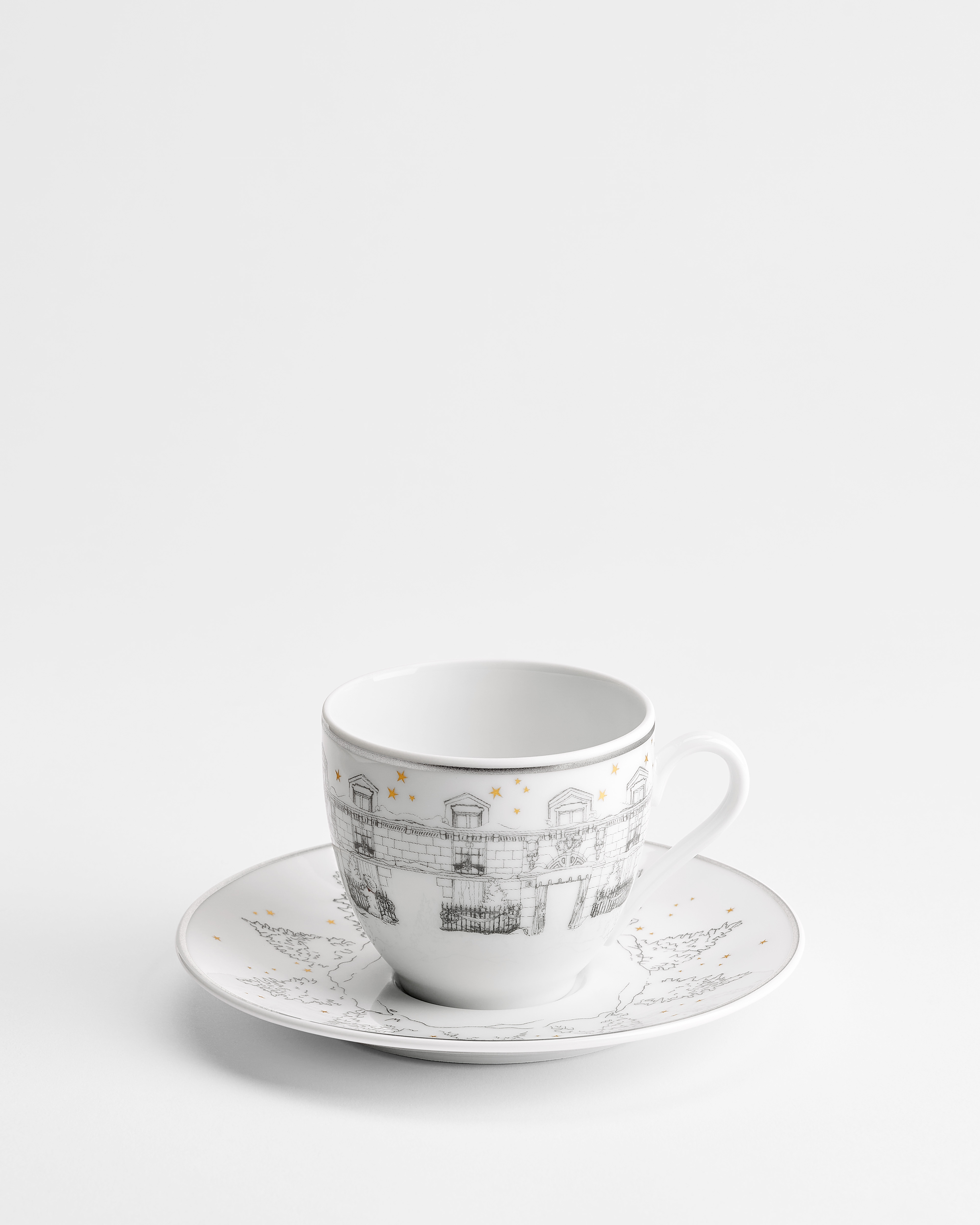 Coffee Cup and Saucer White Limoges Porcelain with Gray Montaigne in the Snow Motif, 24-Karat Gold and Platinum E01