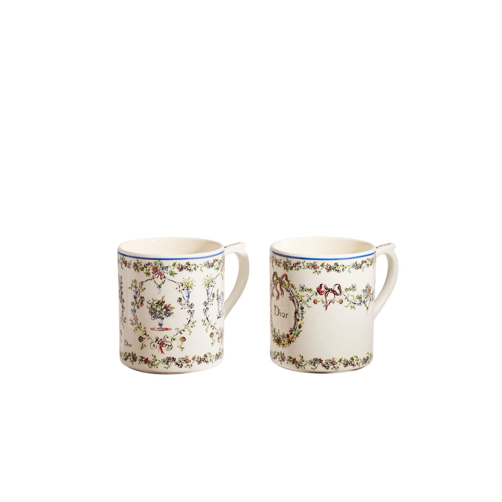 Set of Two Mugs Ecru Ceramic with Multicolor Dior Arabesque Motif