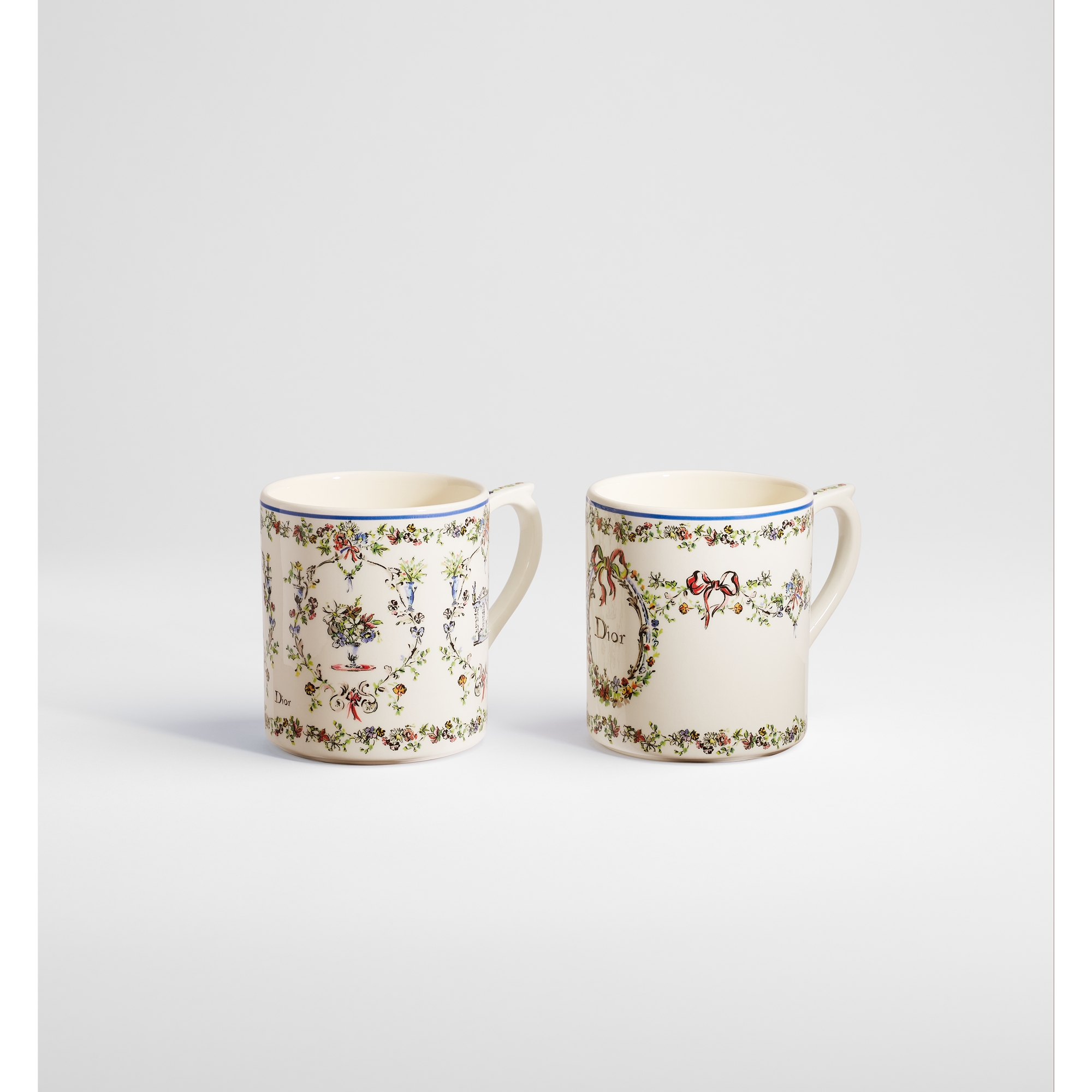 Set of Two Mugs Ecru Ceramic with Multicolor Dior Arabesque Motif