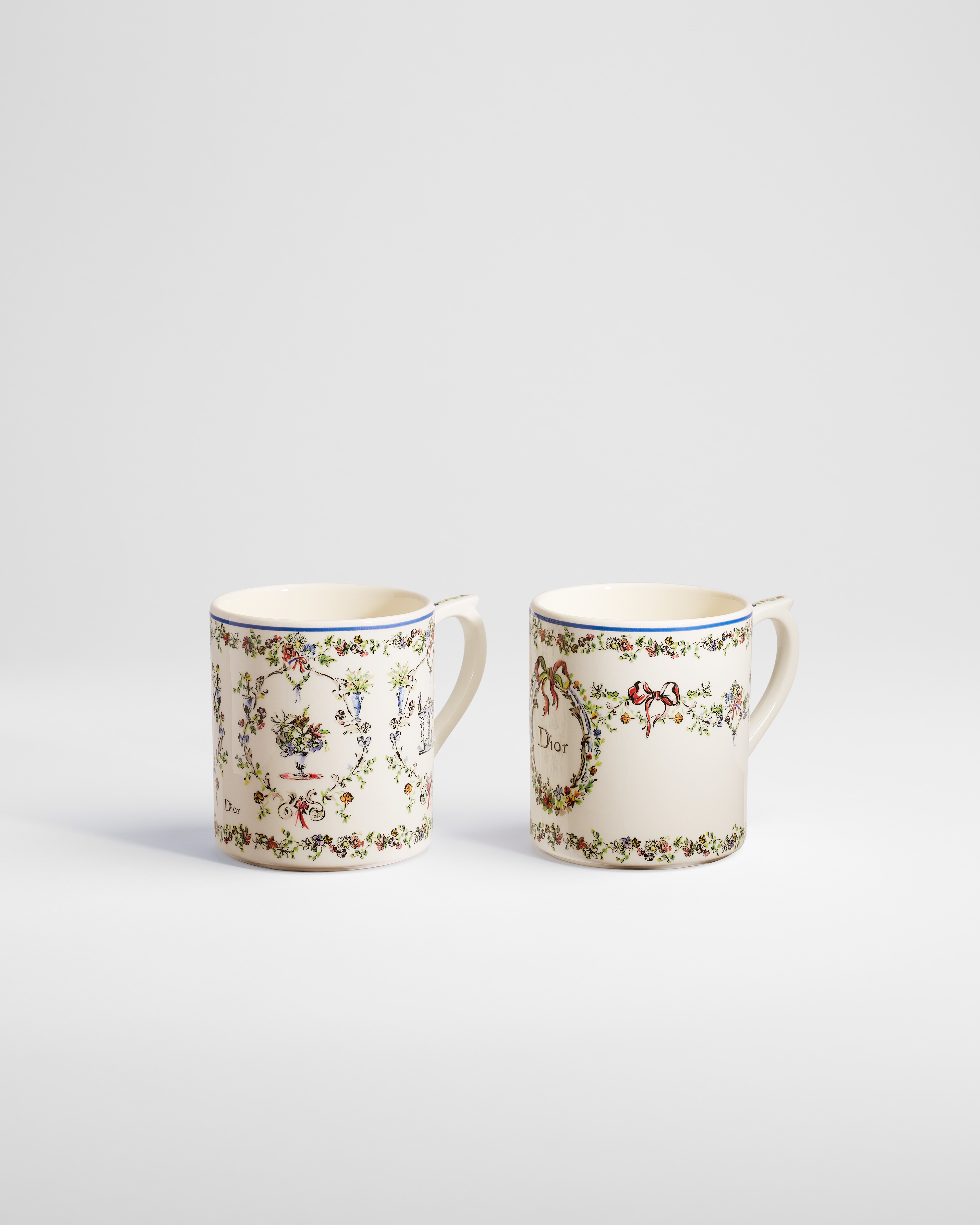 Set of Two Mugs Ecru Ceramic with Multicolor Dior Arabesque Motif E03
