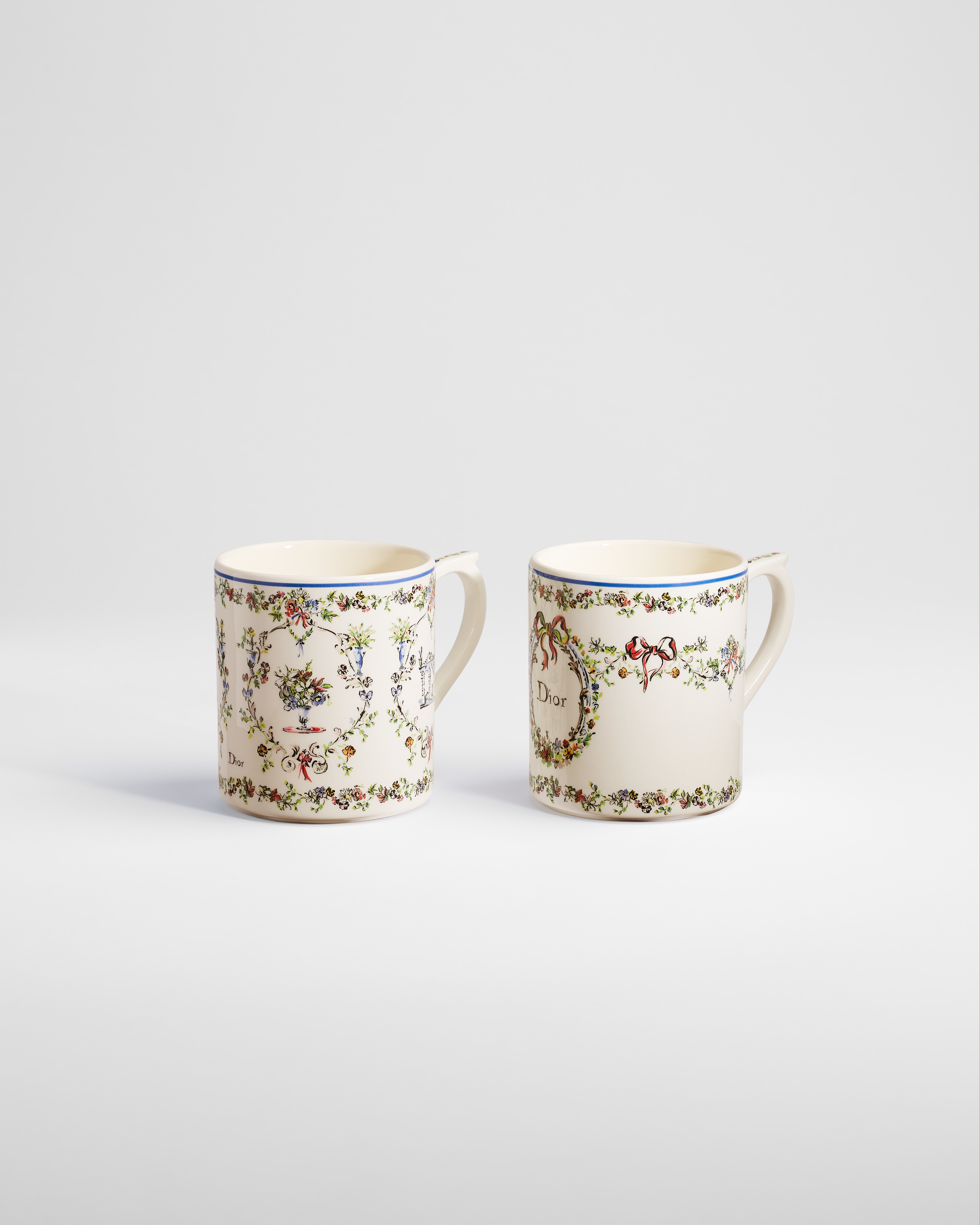 Set of Two Mugs Ecru Ceramic with Multicolor Dior Arabesque Motif E03