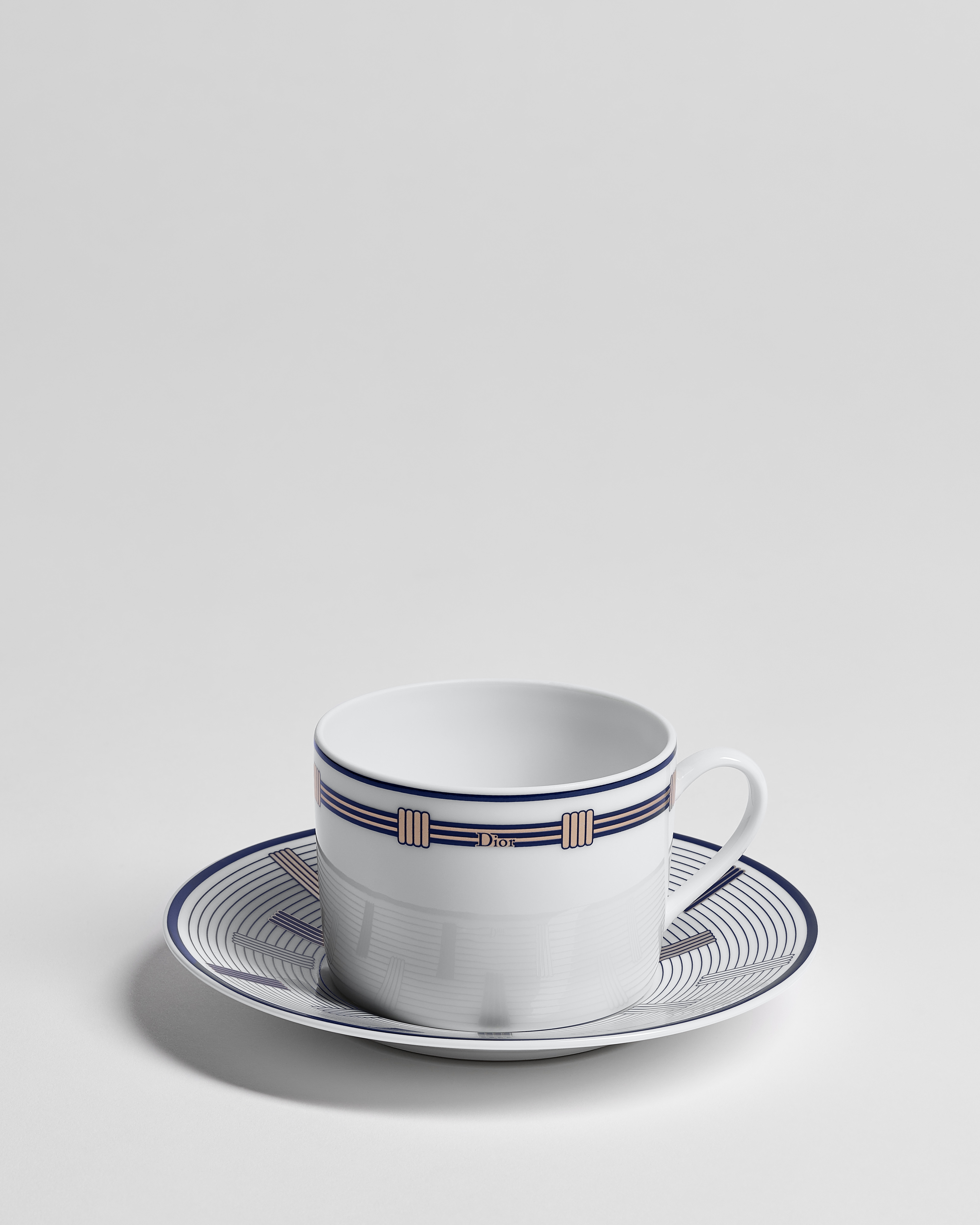 Taza de té y platillo Porcelana de Limoges blanca con motivo Godron azul E01