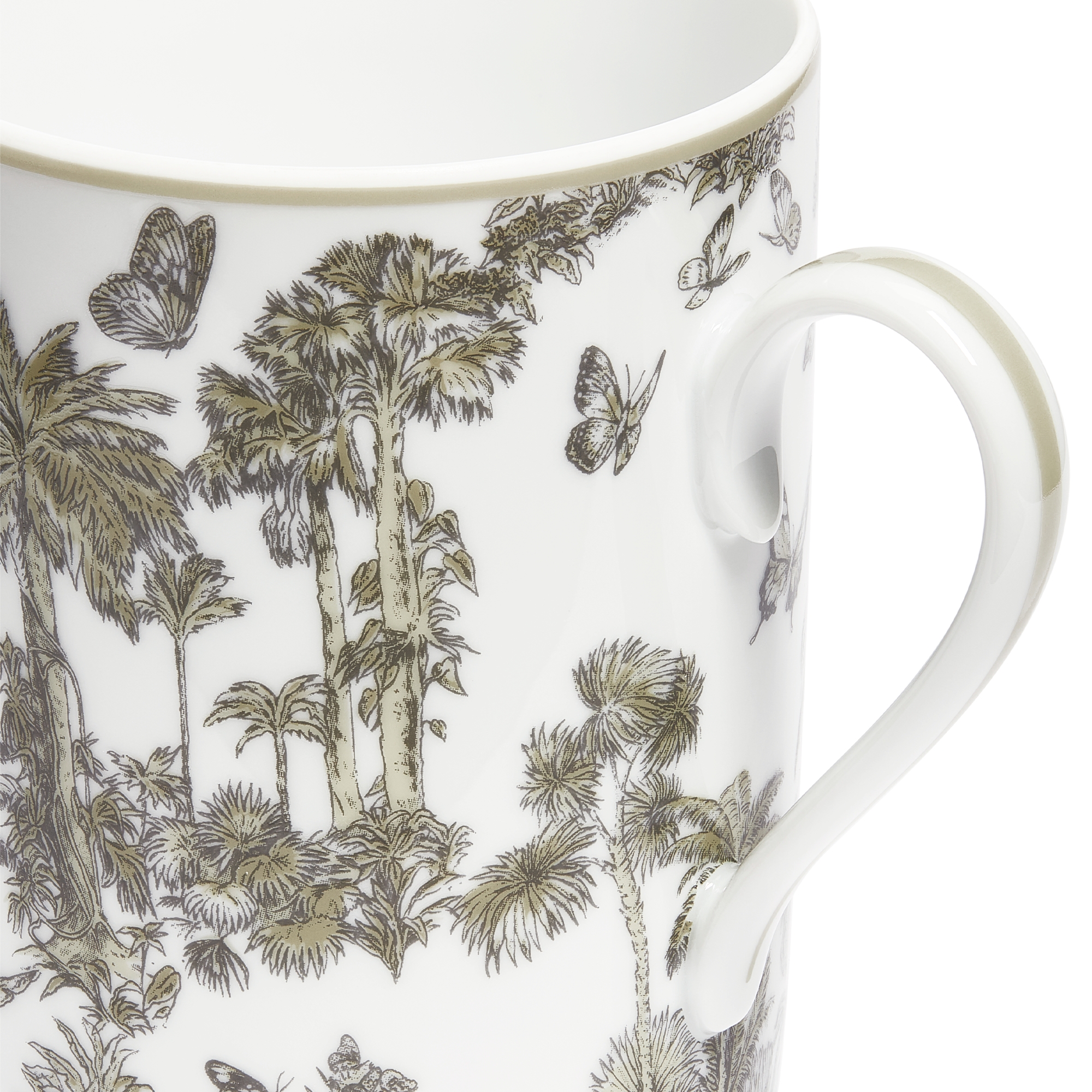 Set of Two Mugs White and Beige Toile de Jouy Palms Limoges Porcelain E10