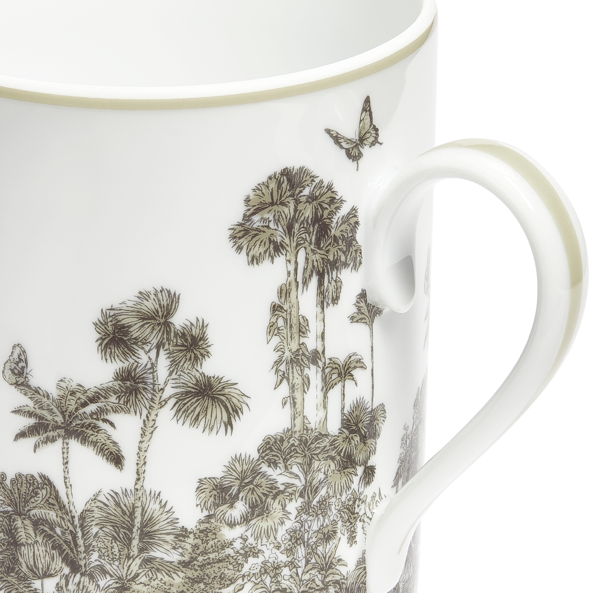 Set of Two Mugs White and Beige Toile de Jouy Palms Limoges Porcelain E11