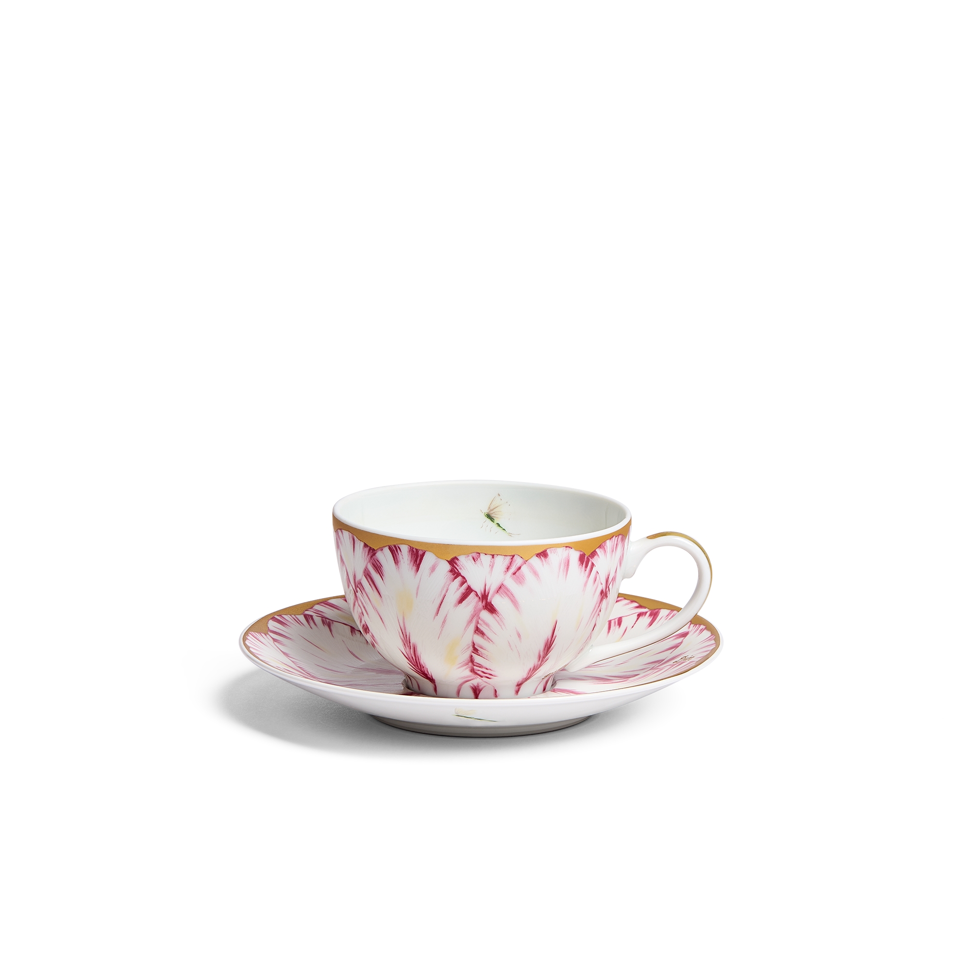 Teacup and Saucer Limoges Porcelain with Pink and 24-Carat Gold Champs de Tulipes Motif, Alexia Lignon for Dior E01
