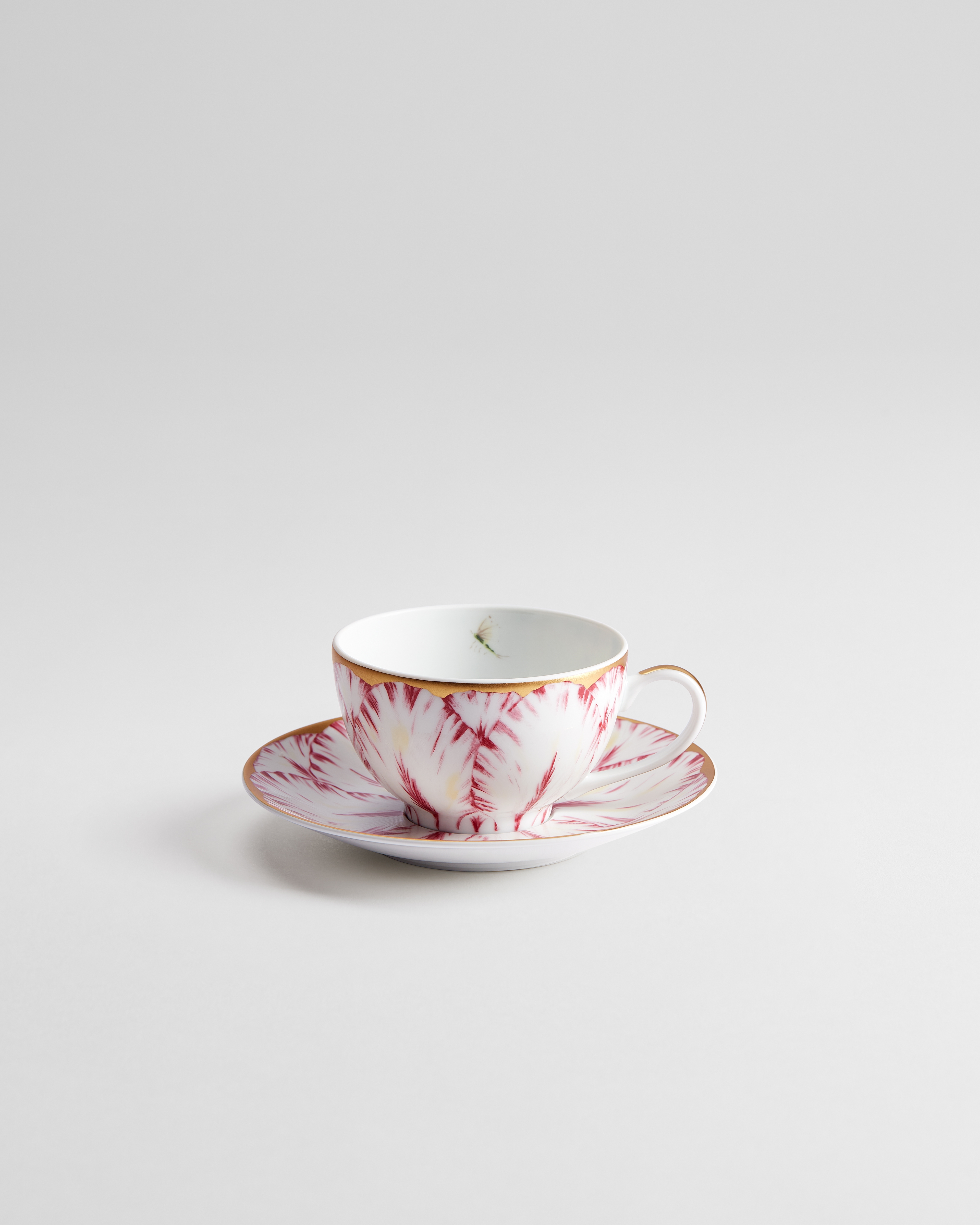Taza de té y platillo Porcelana de Limoges con motivo Champs de Tulipes en rosa y oro de 24 quilates E01