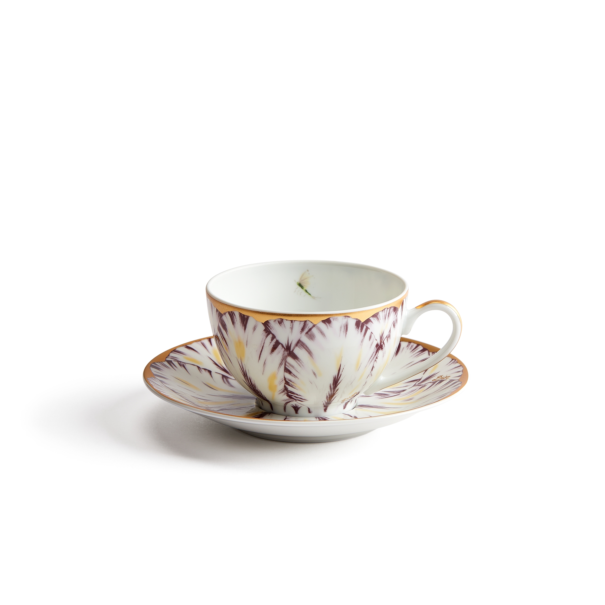 Teacup and Saucer Limoges Porcelain with Purple and 24-Carat Gold Champs de Tulipes Motif, Alexia Lignon for Dior E01