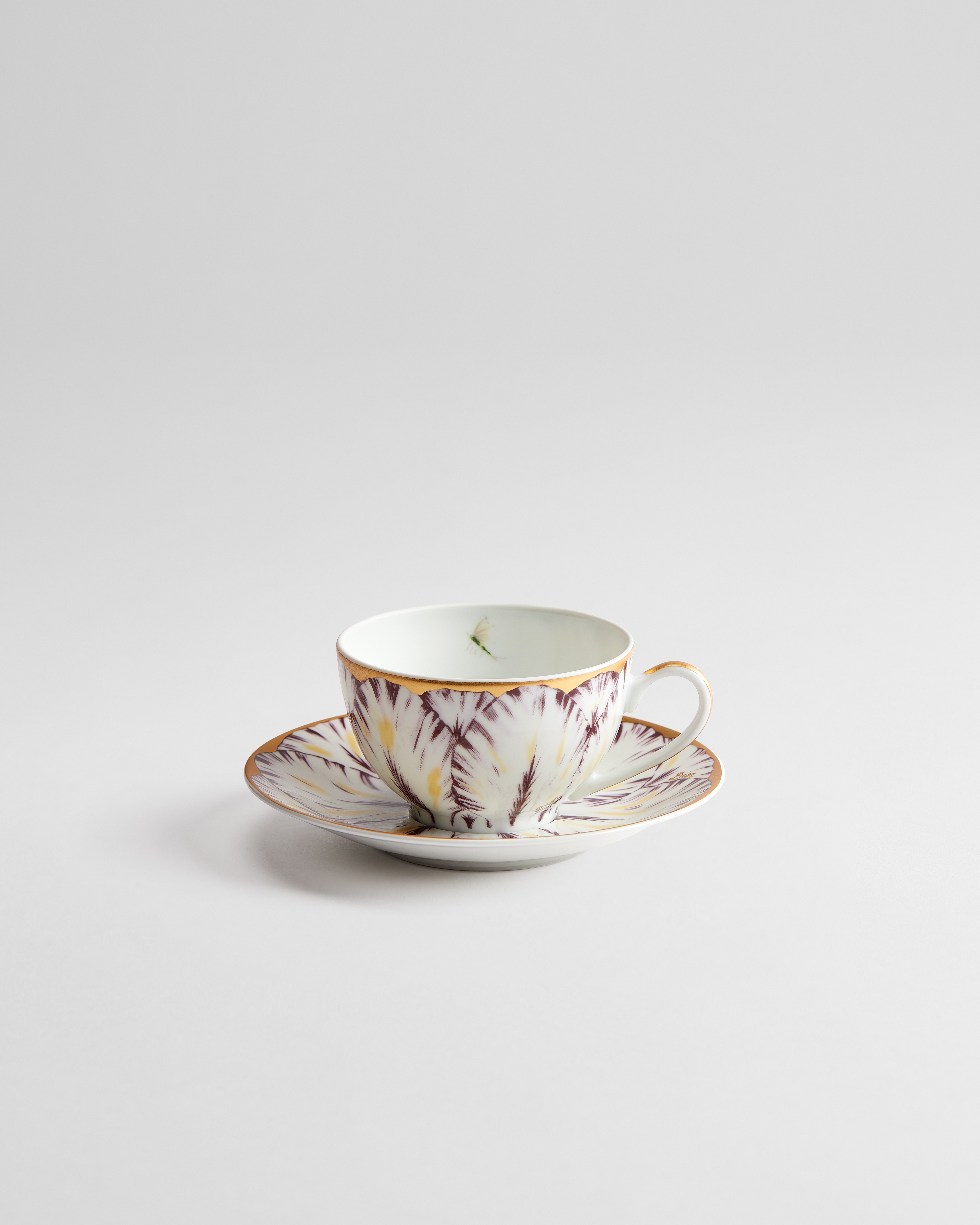 Teacup and Saucer Limoges Porcelain with Purple and 24-Carat Gold Champs de Tulipes Motif, Alexia Lignon for Dior E01