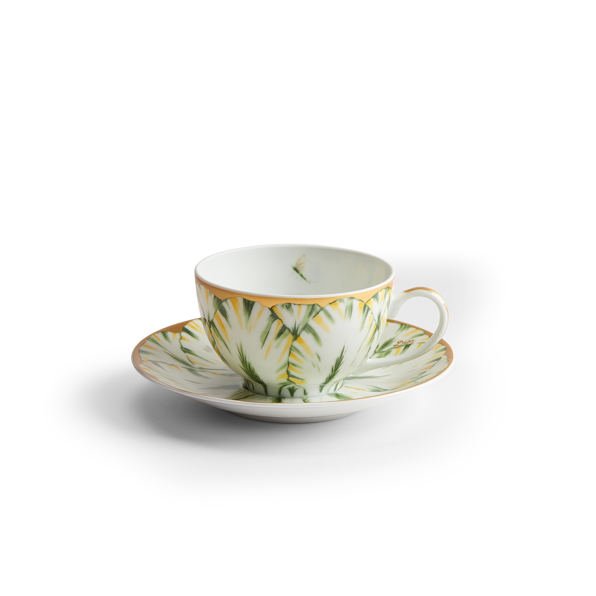 Teacup and Saucer Limoges Porcelain with Green and 24-Carat Gold Champs de Tulipes Motif, Alexia Lignon for Dior E01