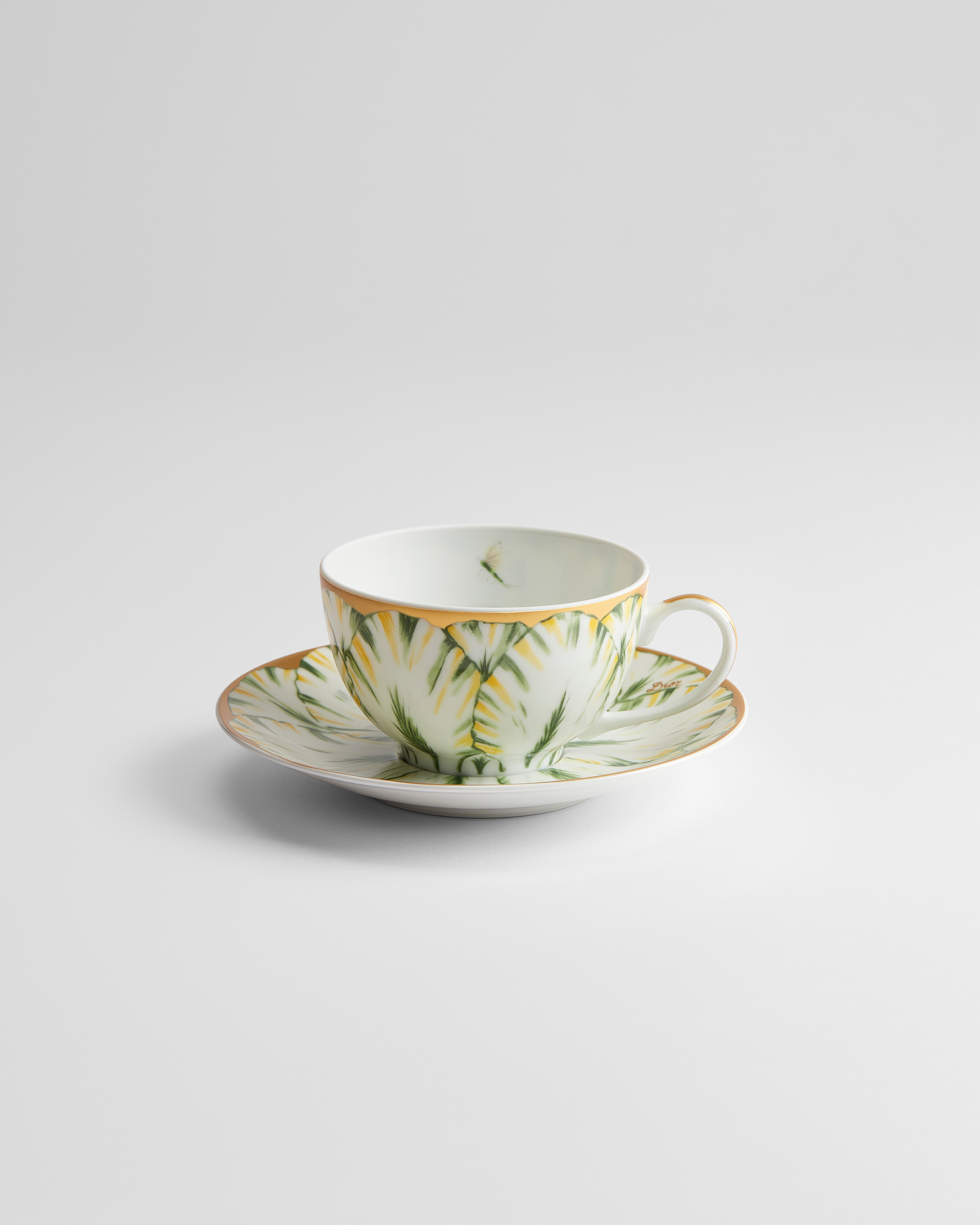 Teacup and Saucer Limoges Porcelain with Green and 24-Carat Gold Champs de Tulipes Motif, Alexia Lignon for Dior E01