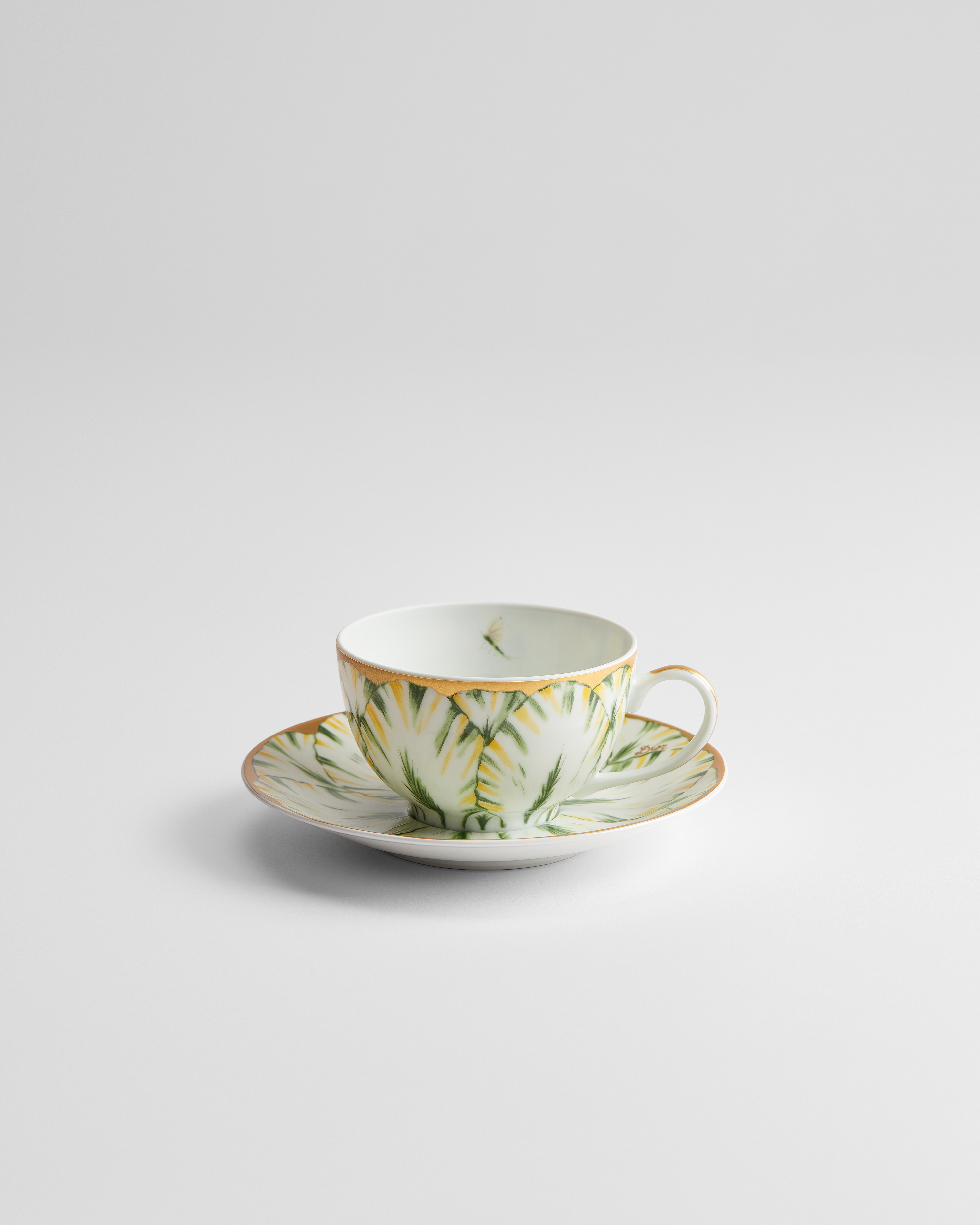 Teacup and Saucer Limoges Porcelain with Green and 24-Carat Gold Champs de Tulipes Motif, Alexia Lignon for Dior E01