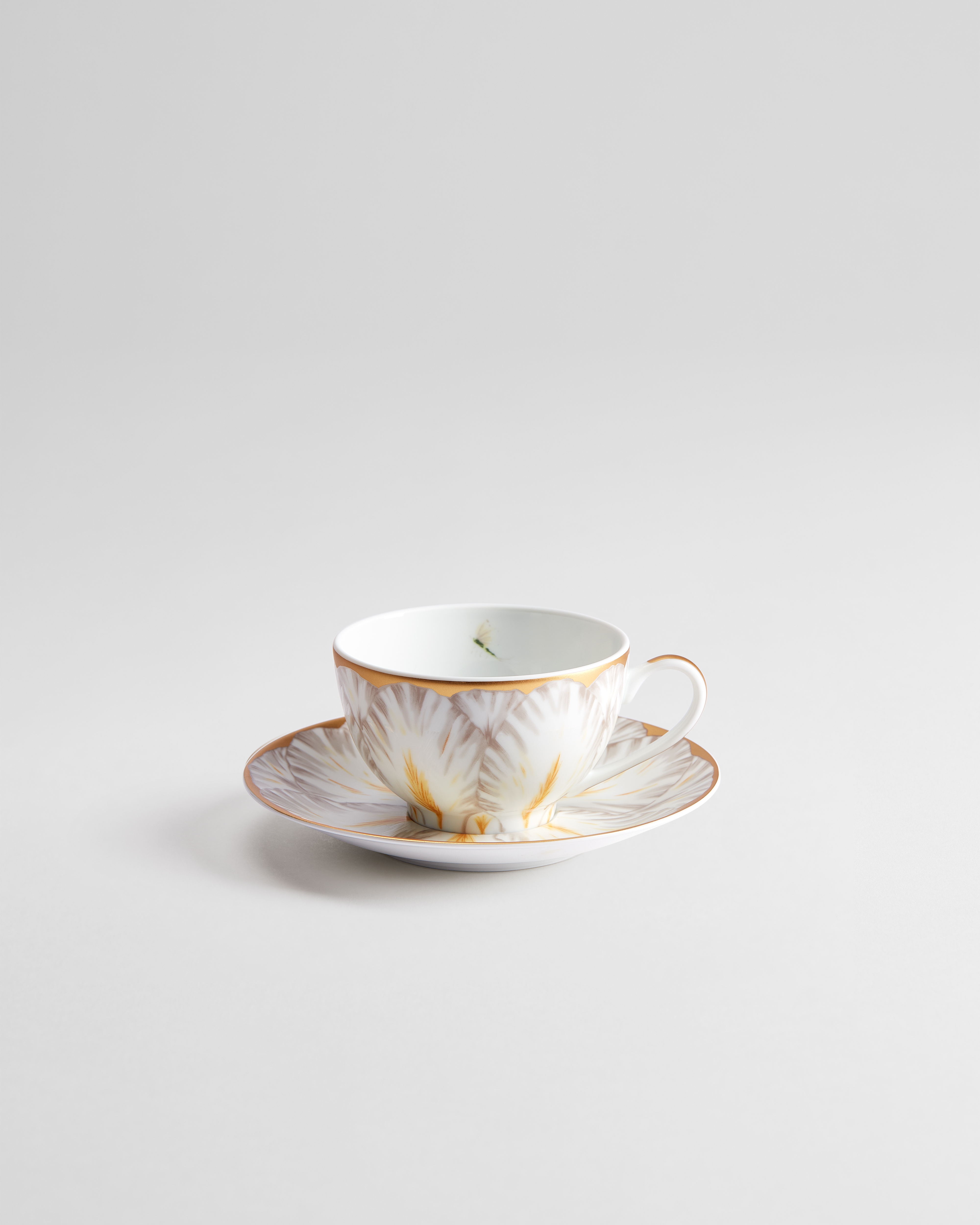 Teacup and Saucer Limoges Porcelain with Gray and 24-Carat Gold Champs de Tulipes Motif E01