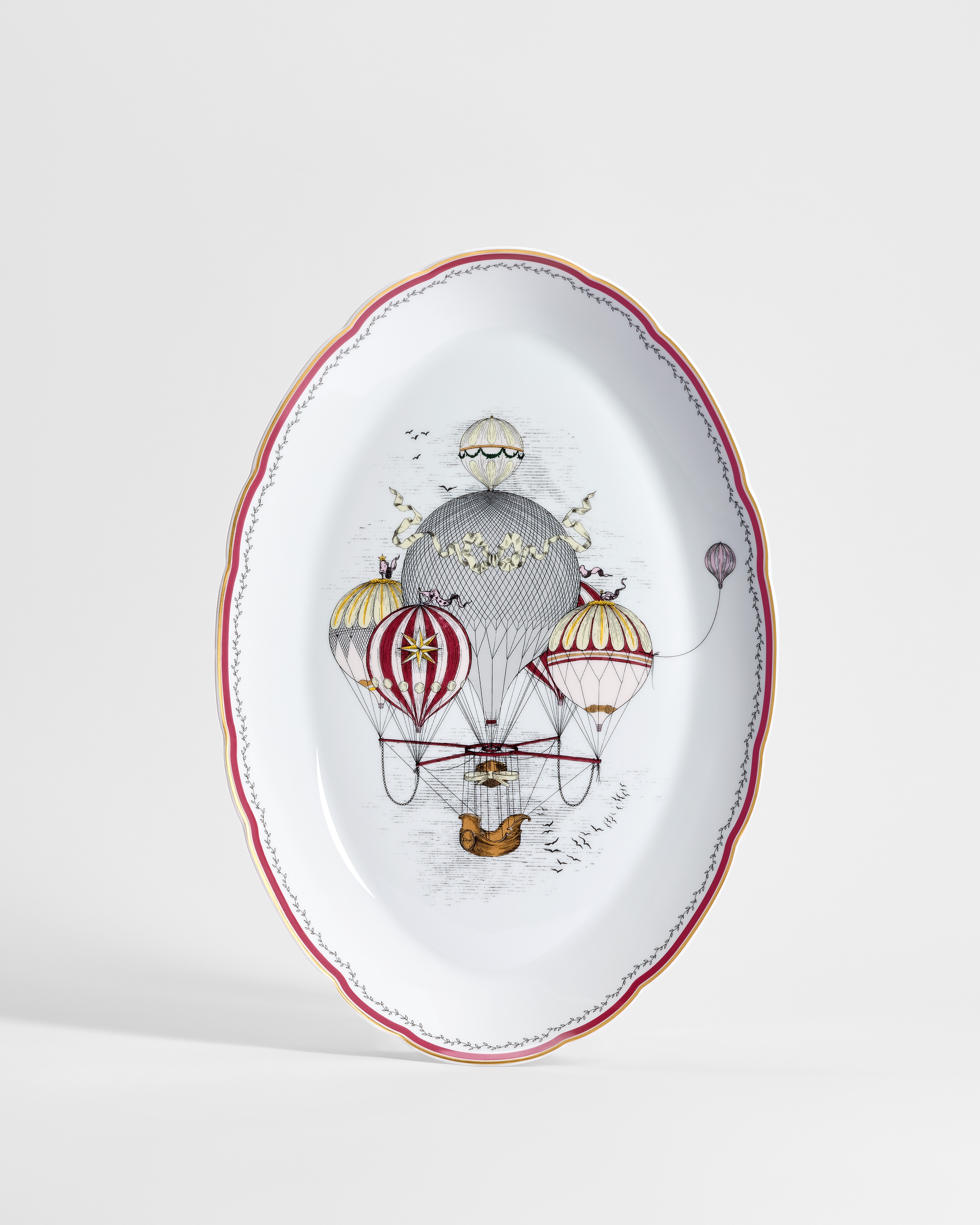 Oval Platter White Limoges Porcelain with Multicolor La Grande Envolée Motif and 24-Carat Gold E01