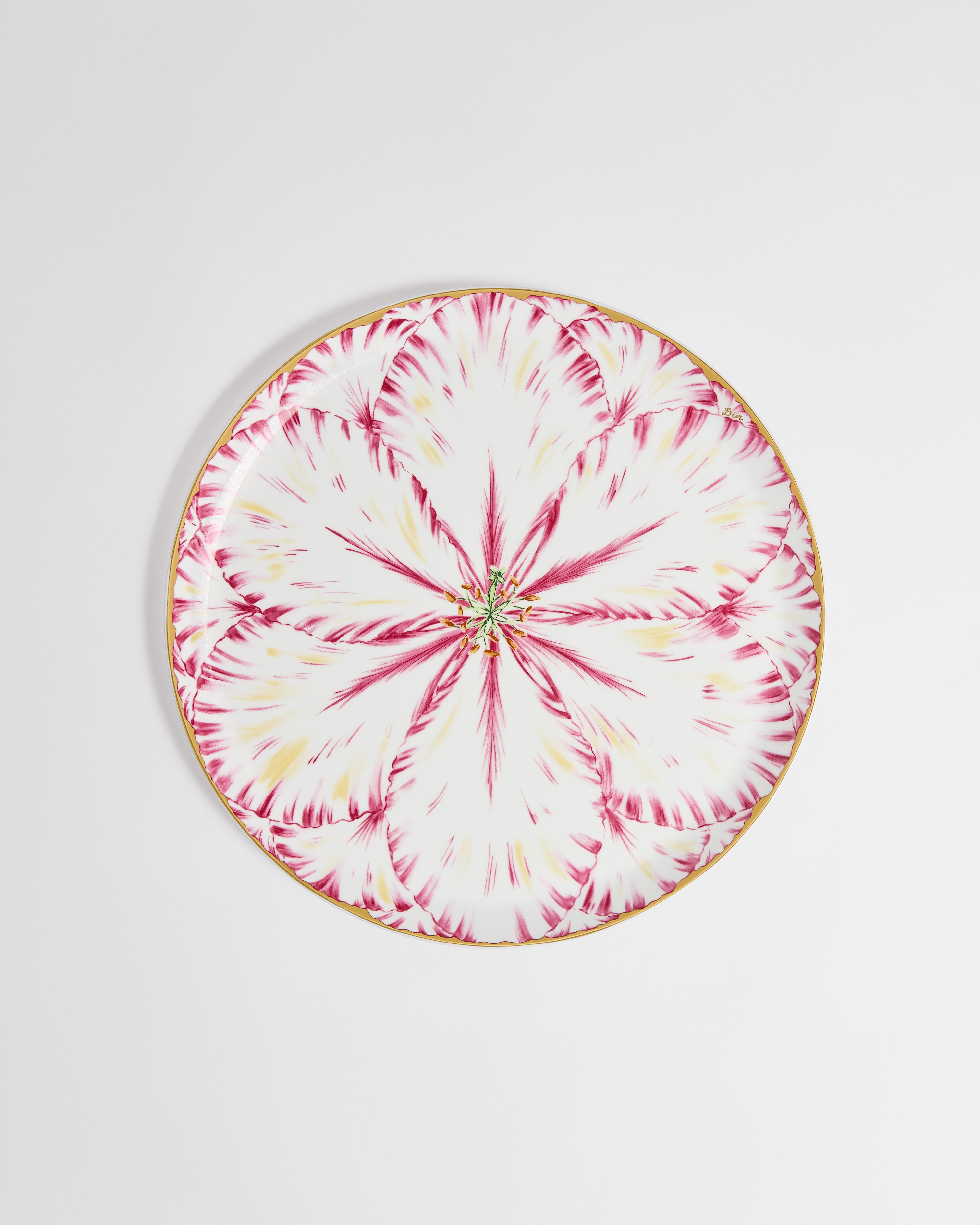 Plat rond Porcelaine de Limoges à motif Champs de Tulipes rose et or 24 carats E01