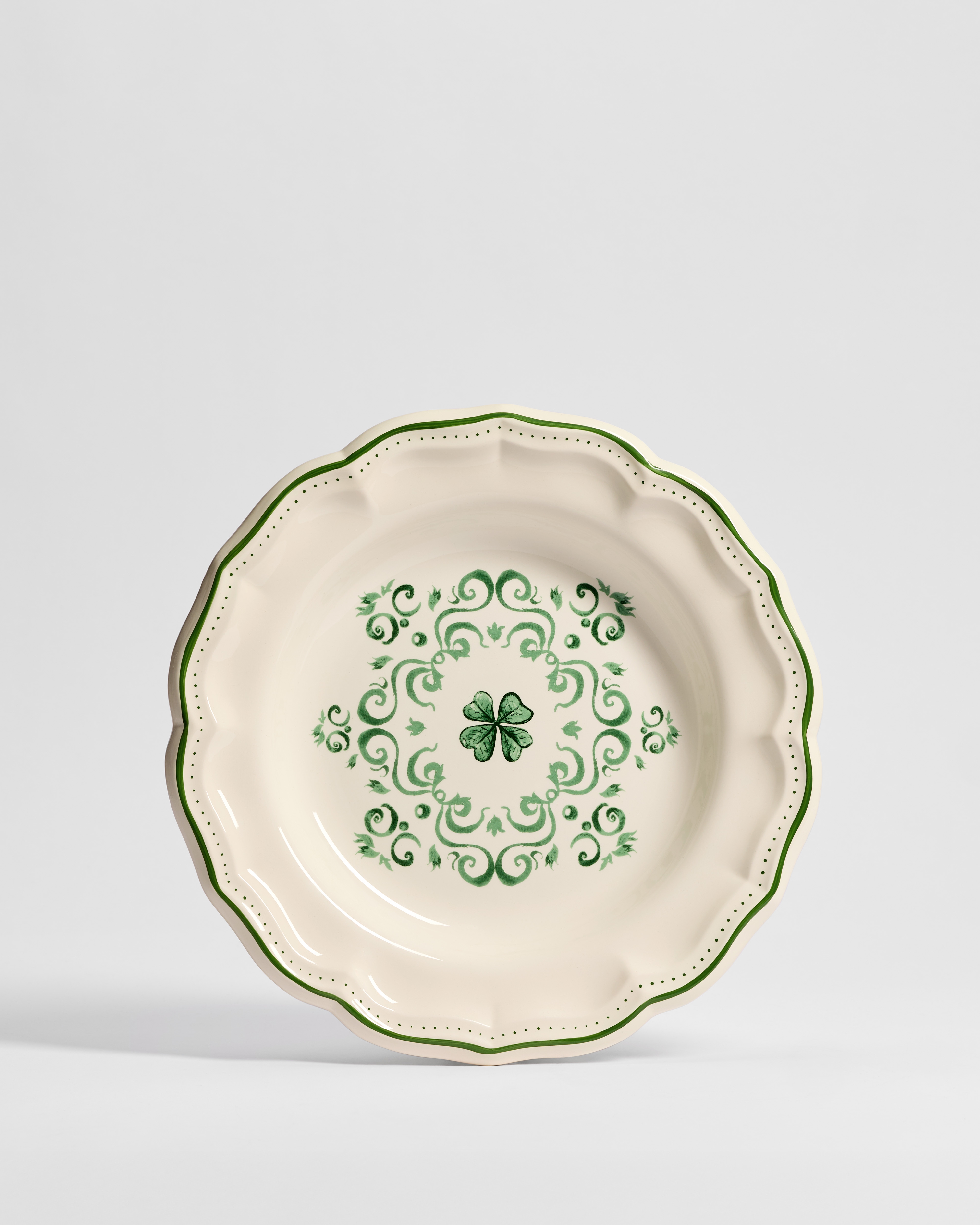 Deep Round Platter Ecru and Green Earthenware with Clover Motif E01