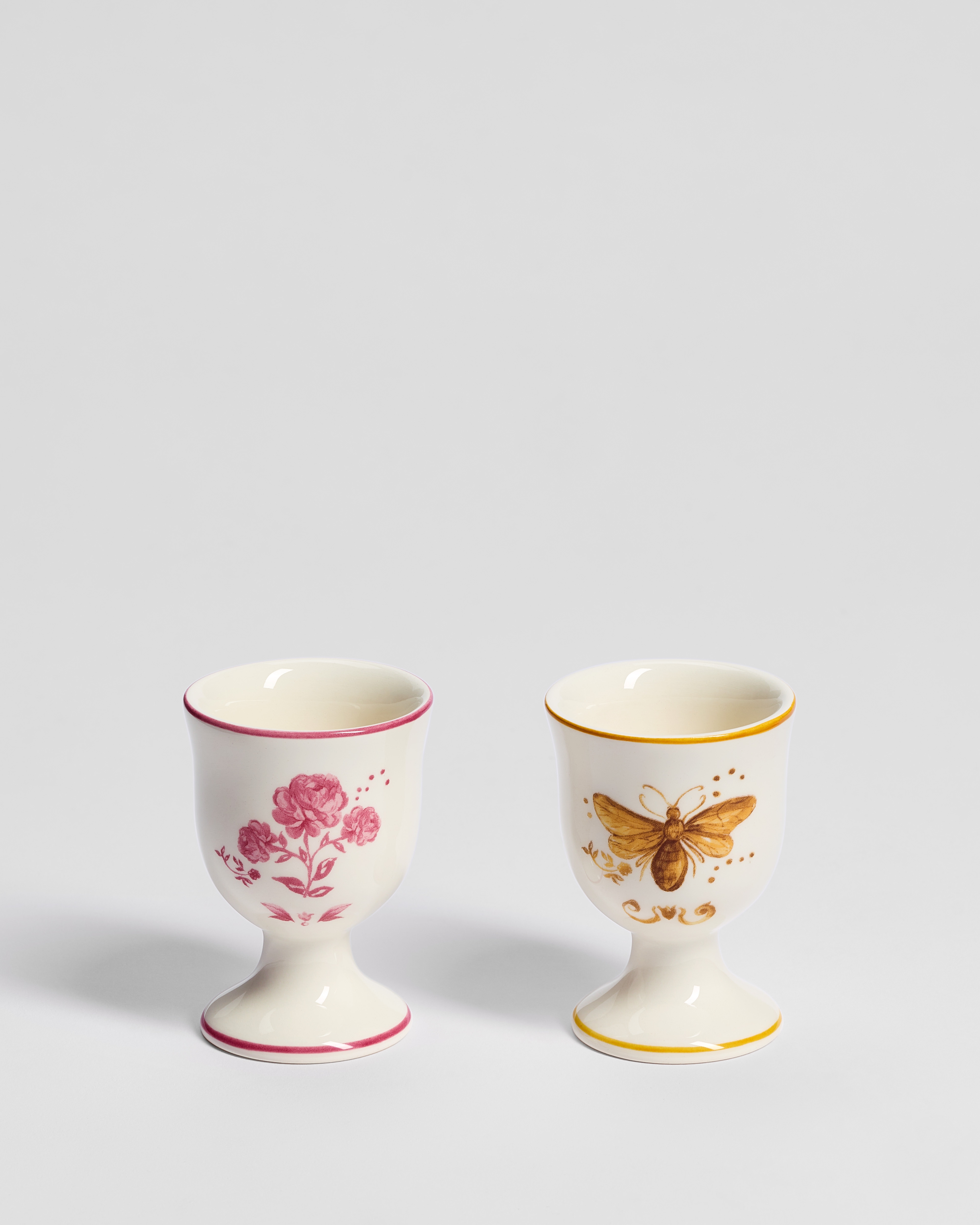 Set of Two Egg Cups Ecru, Yellow and Pink Earthenware with Bee and Rose Motifs E01