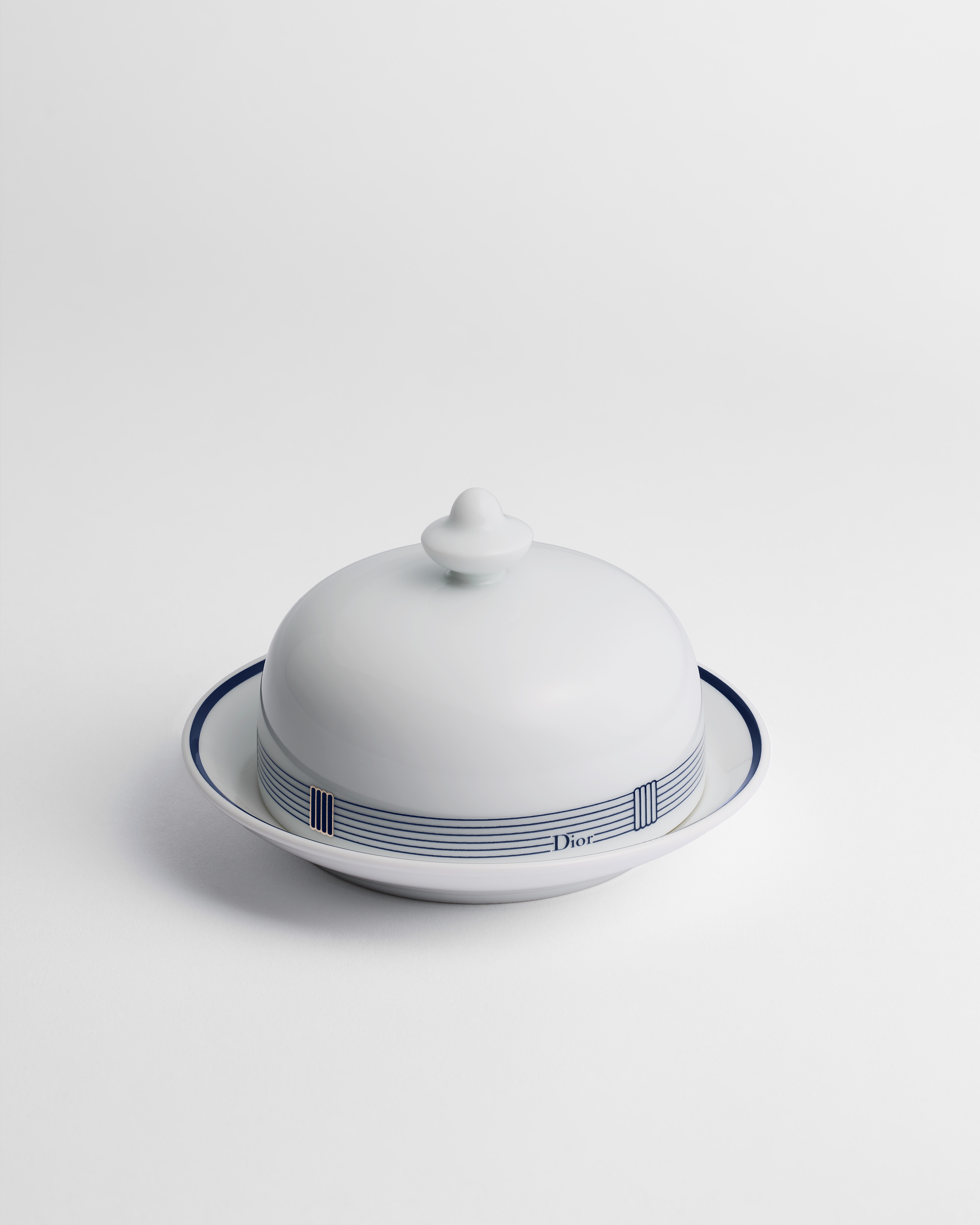 Beurrier rond Porcelaine de Limoges blanche à motif Godron bleu E01
