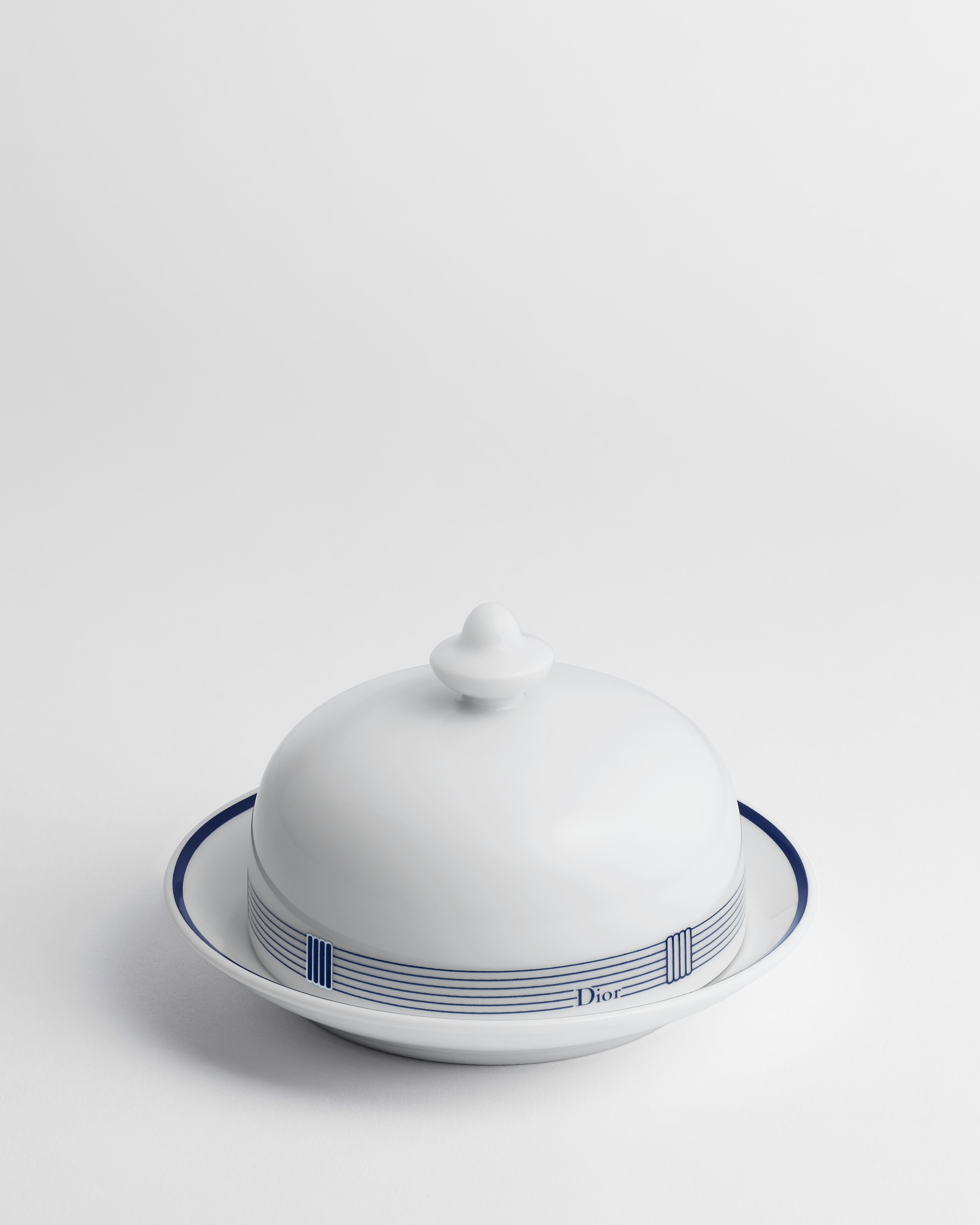 Rond boterschaaltje Wit Limoges-porselein met blauw Godron-motief E01