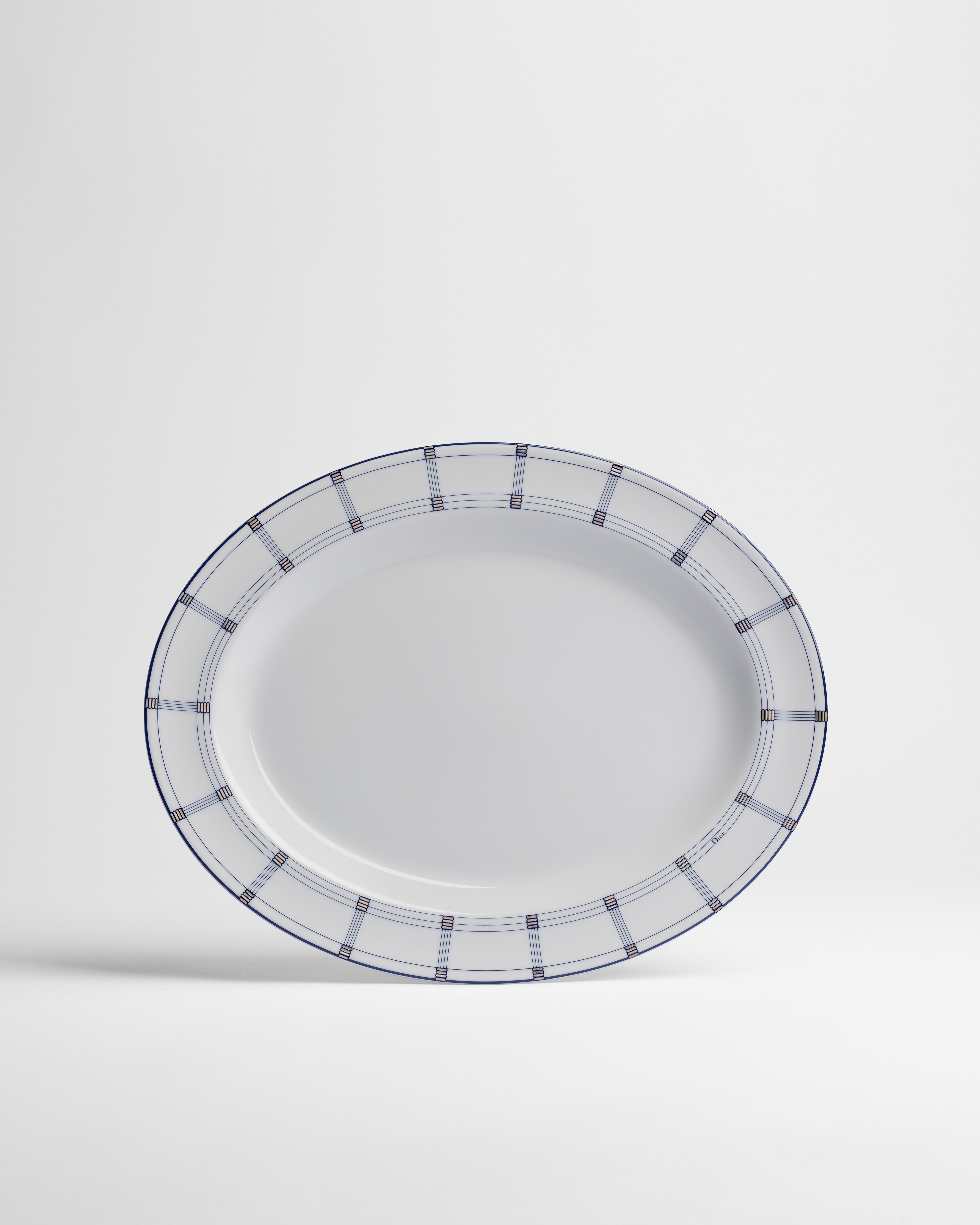 Plat ovale Porcelaine de Limoges blanche à motif Godron bleu E01
