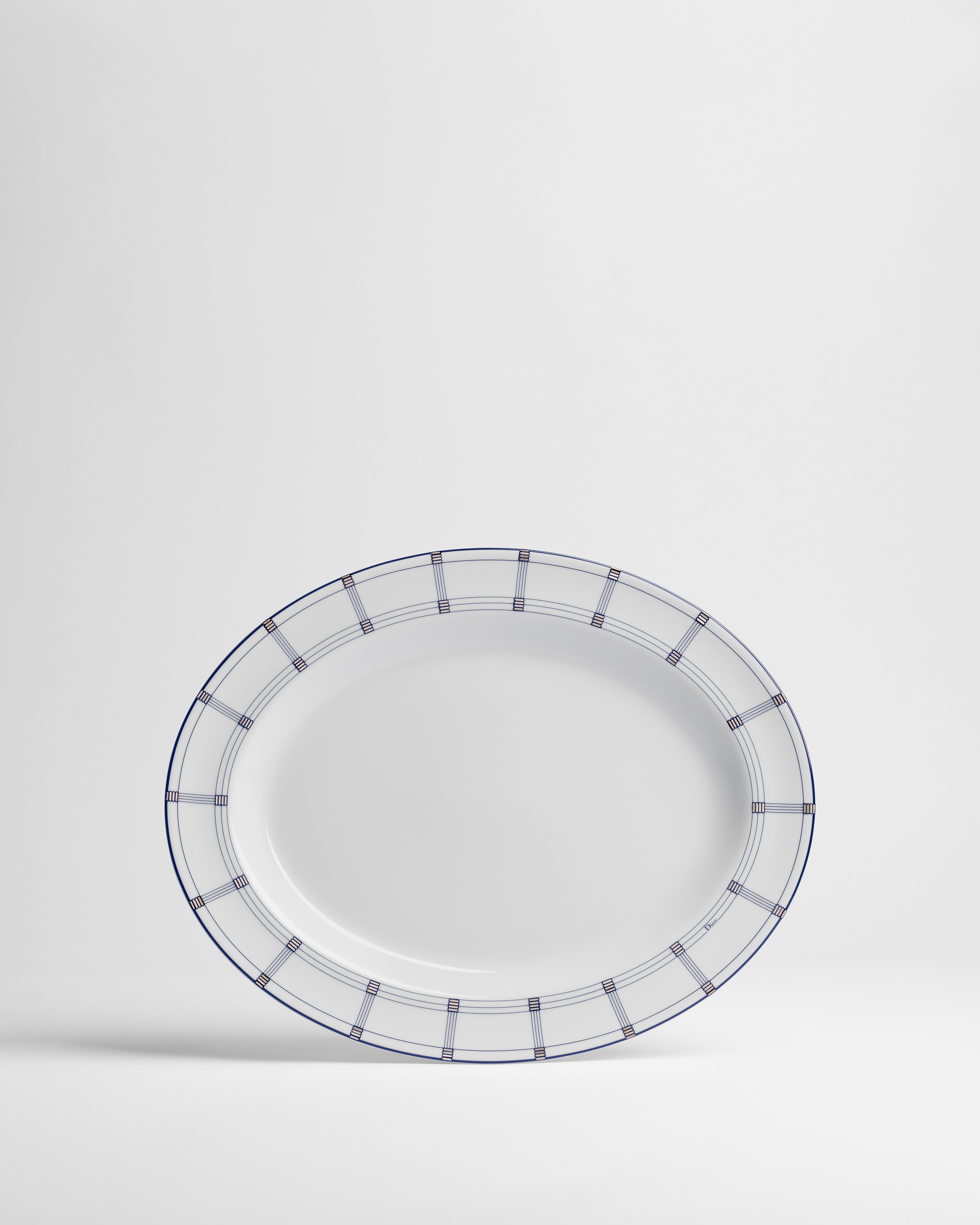 Ovaal bord Wit Limoges-porselein met blauw Godron-motief E01