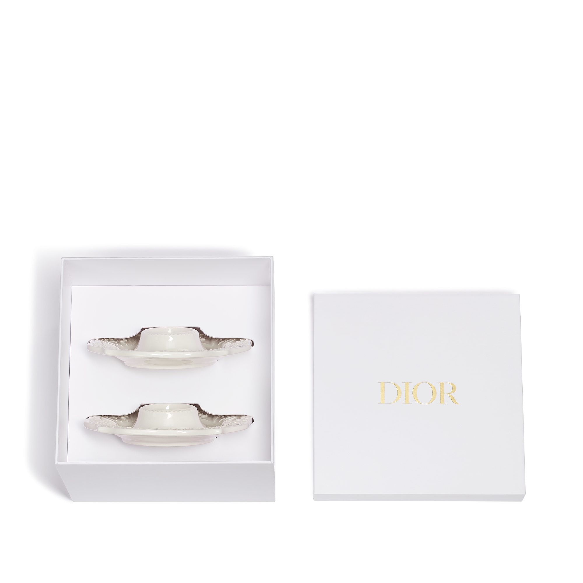 Set of Two Egg Cups White Ceramic with Raised Lily Dior Motif E07