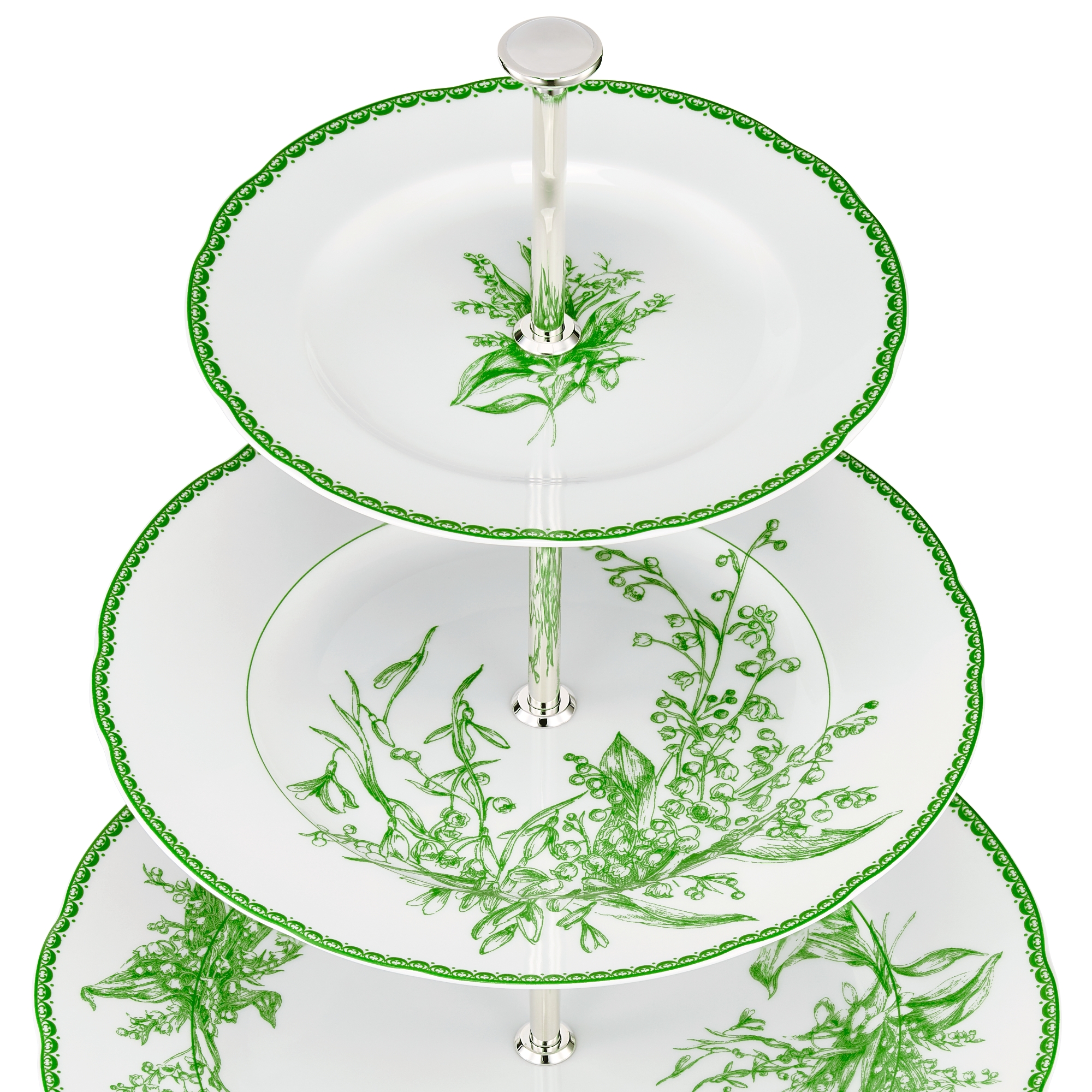 Drielaagse taartstandaard Groen Lily of the Valley-motief E09