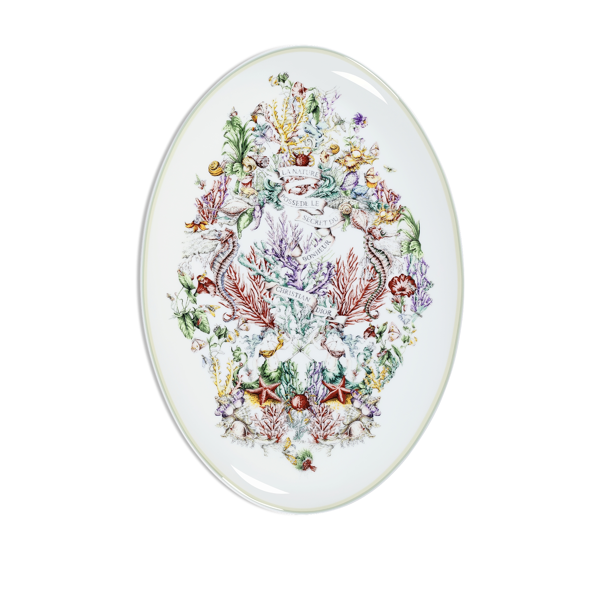 Oval Platter White Limoges Porcelain with Multicolor Dior Cabinet de la Mer Motif E01