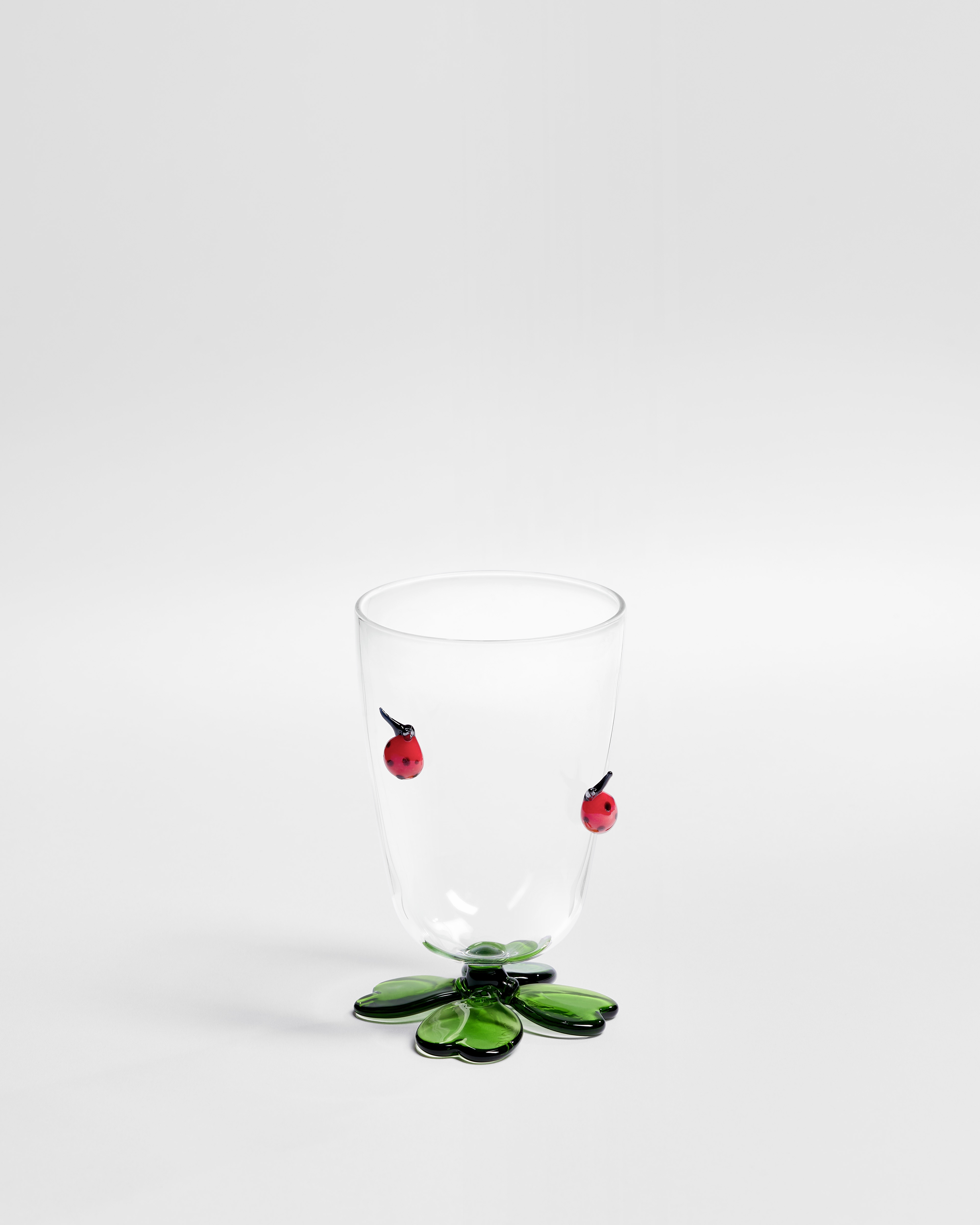 Water Glass Transparent Glass with Multicolor Clover and Ladybug Motif E01