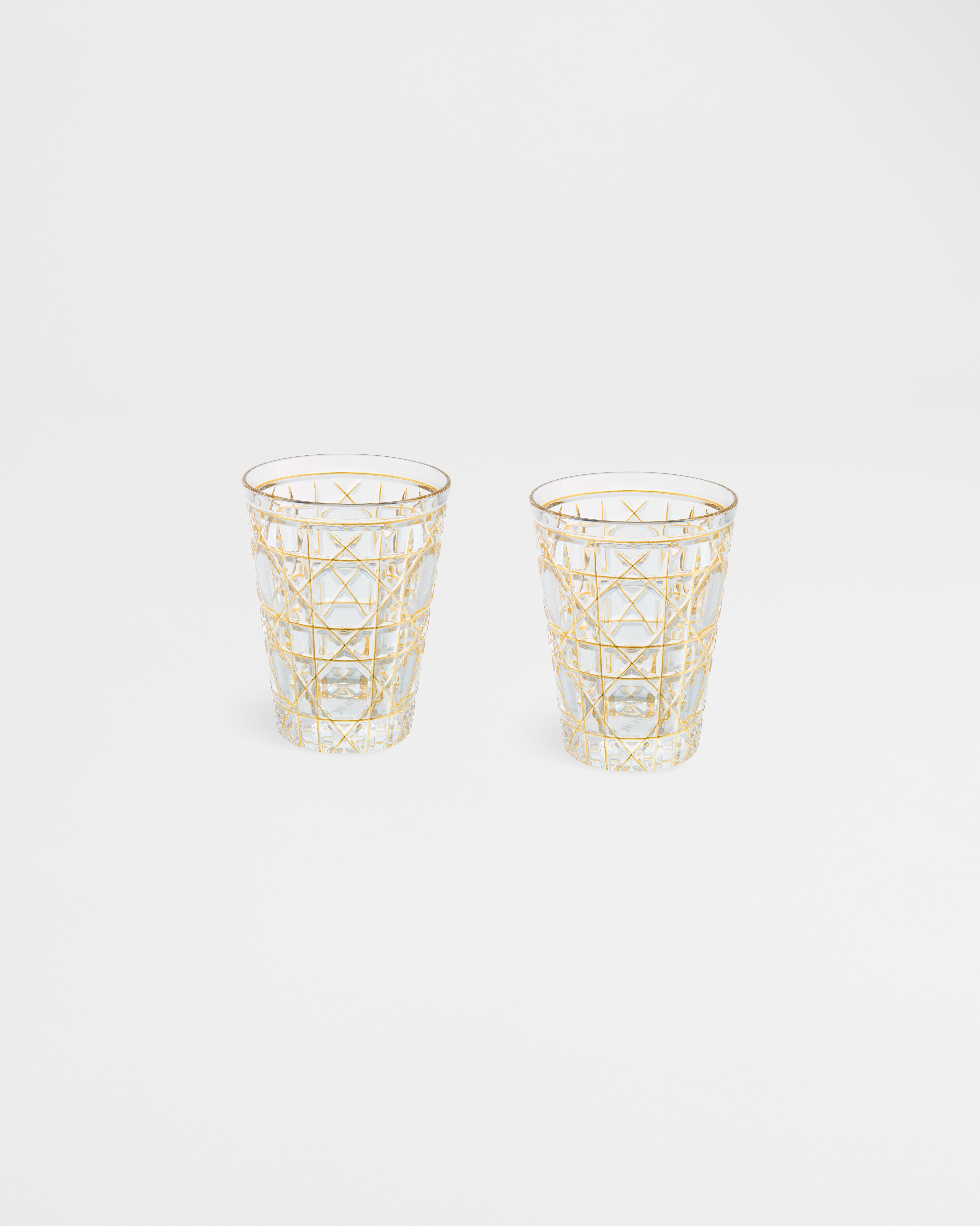 Set of Two Water Glasses Crystal with Gold-Tone Cannage Motif E01