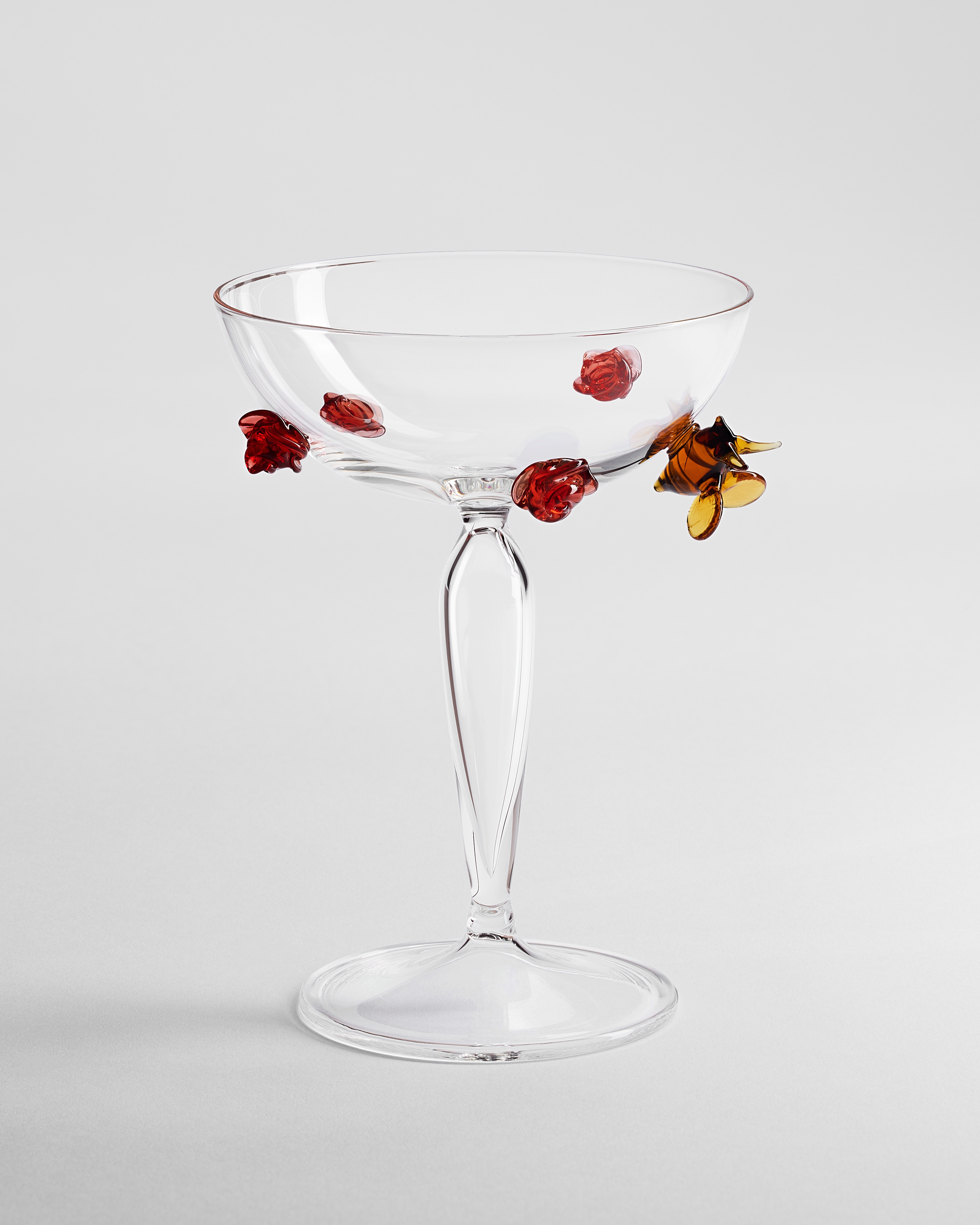 Champagne Coupe Transparent Glass with Multicolor Rose Motif E01