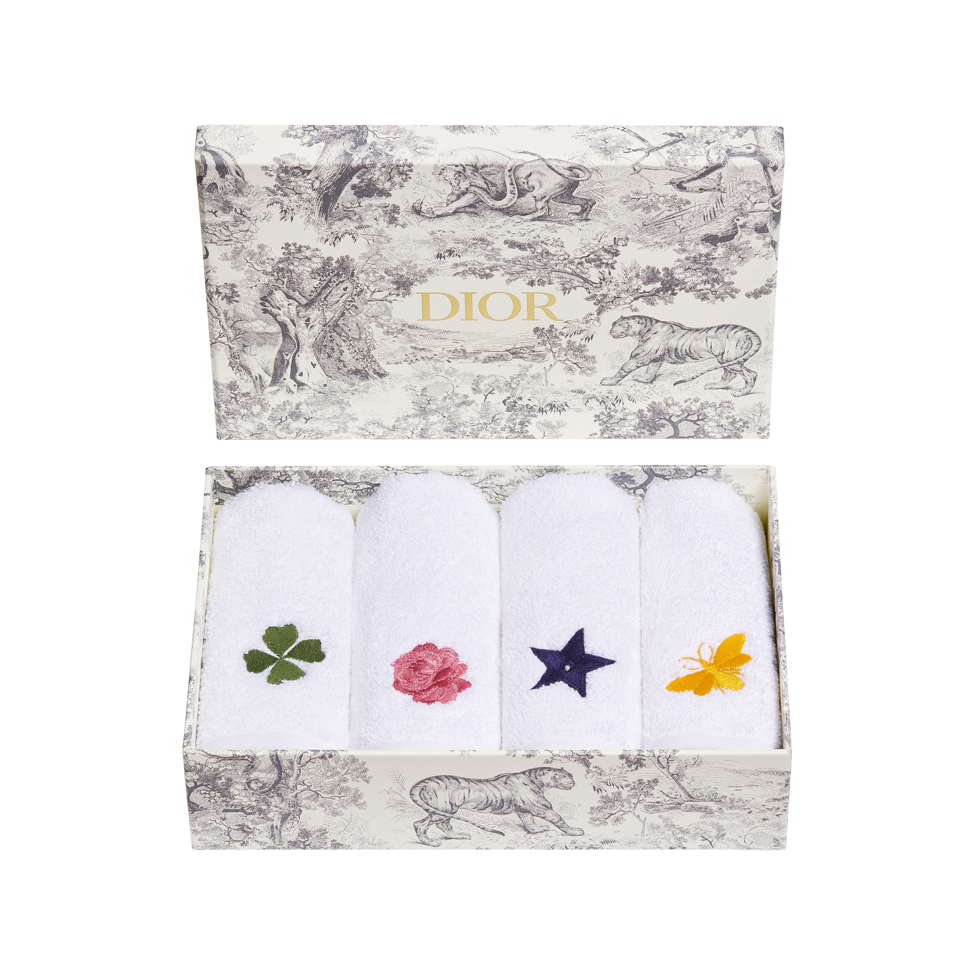 Set of Four Hand Towels White Cotton Embroidered with Star, Rose