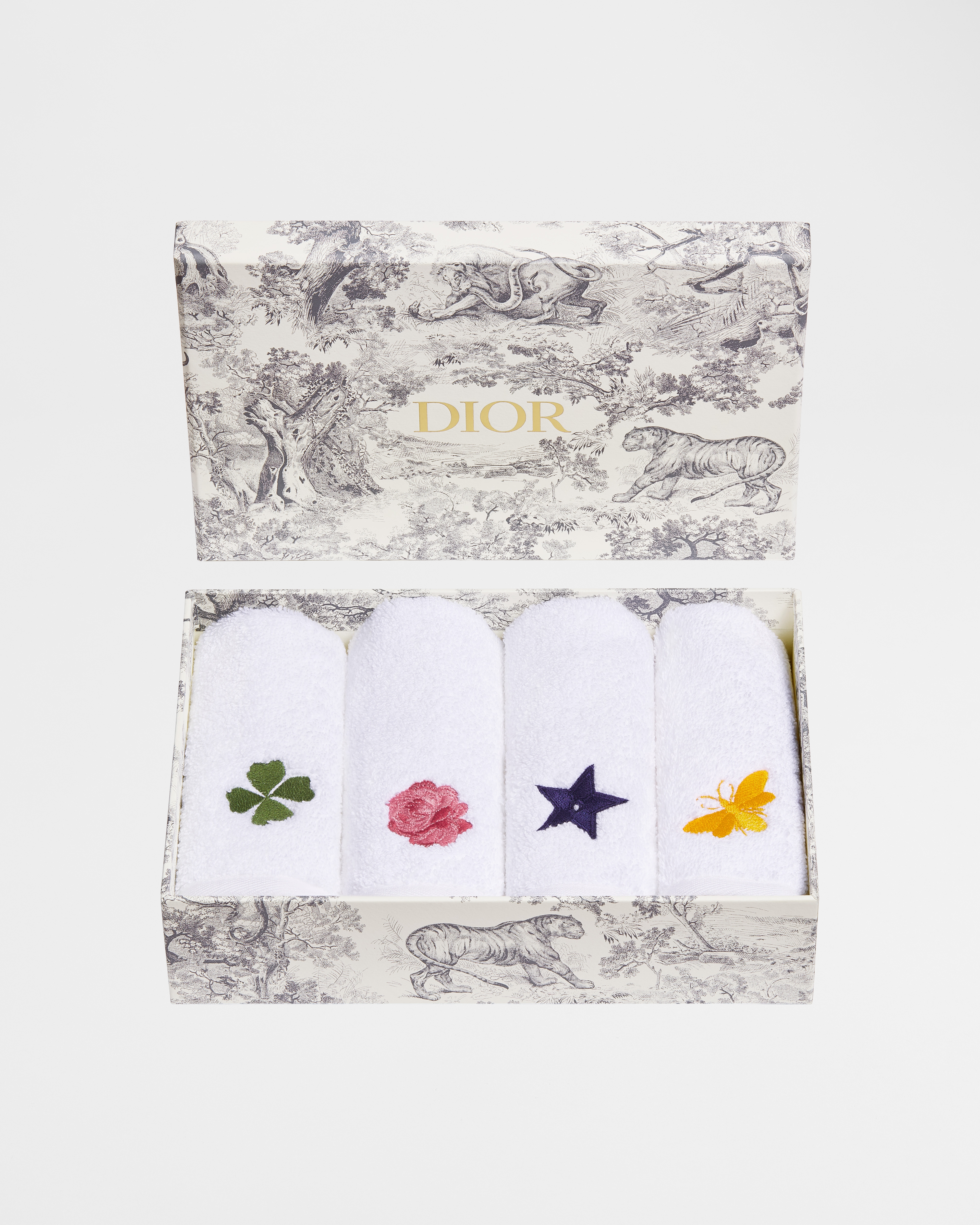 Conjunto de cuatro toallas de mano Algodón blanco bordado con motivos de estrella, rosa, trébol y abeja E06