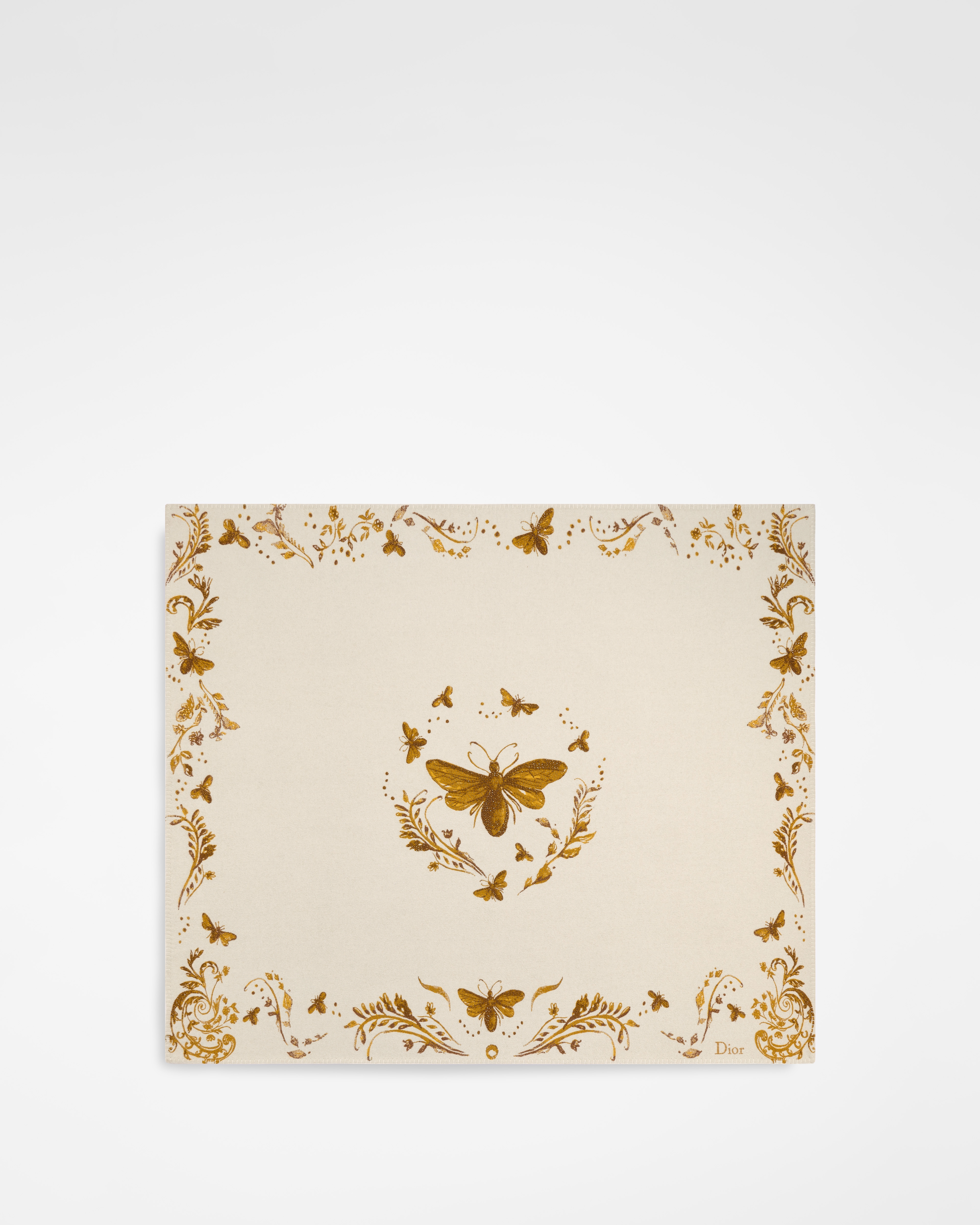 Decke Kaschmirjacquard in Ecru und Gelb mit Bienenstickerei mit Perlenverzierung in Goldfarbe E01