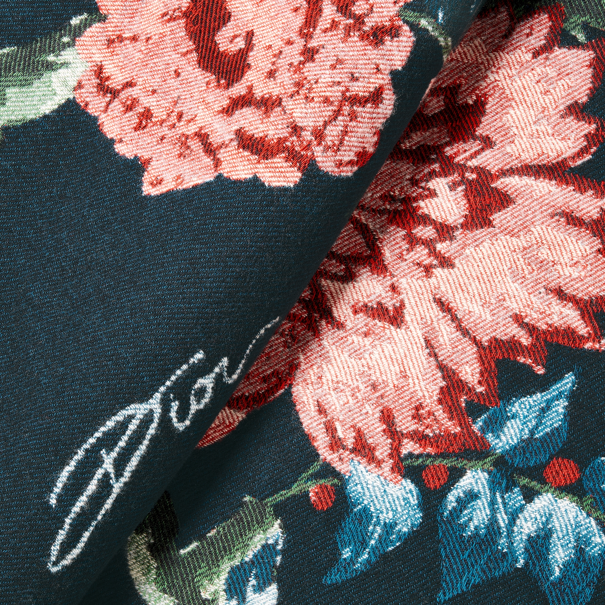 Blanket  Blue Wool and Cashmere Jacquard with Bird and Flower Motif E09