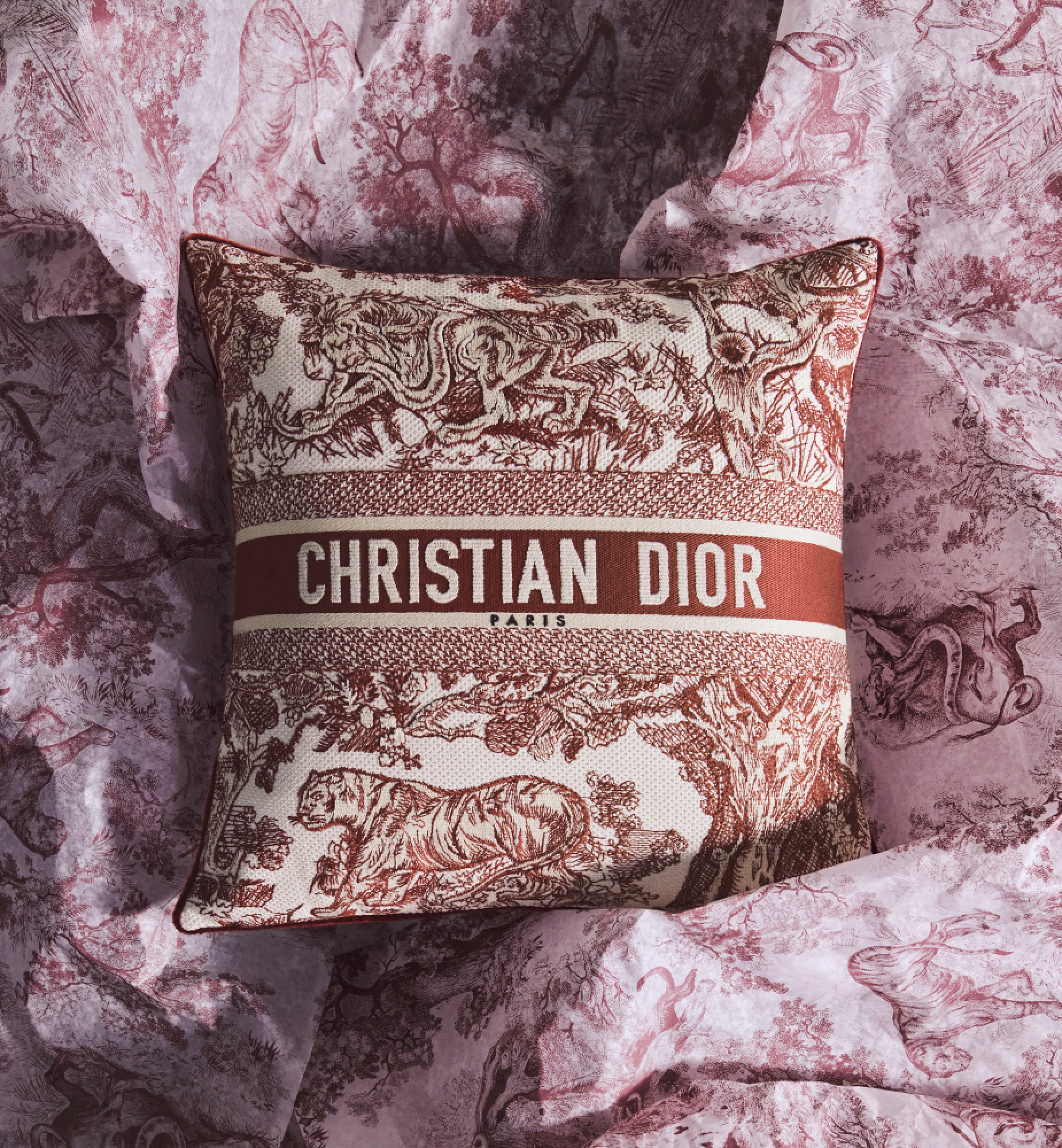 스몰 스퀘어 쿠션 Toile De Jouy, 버건디 E12