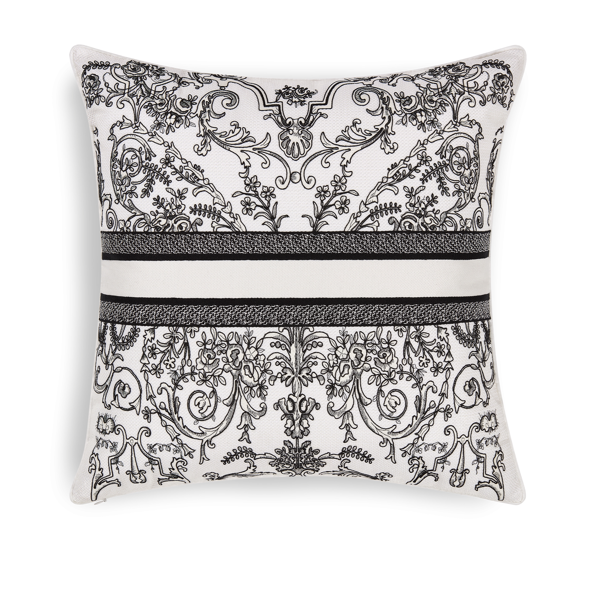 Square Pillow White Cotton Embroidered with Black Dioresque Butterfly Motif E08